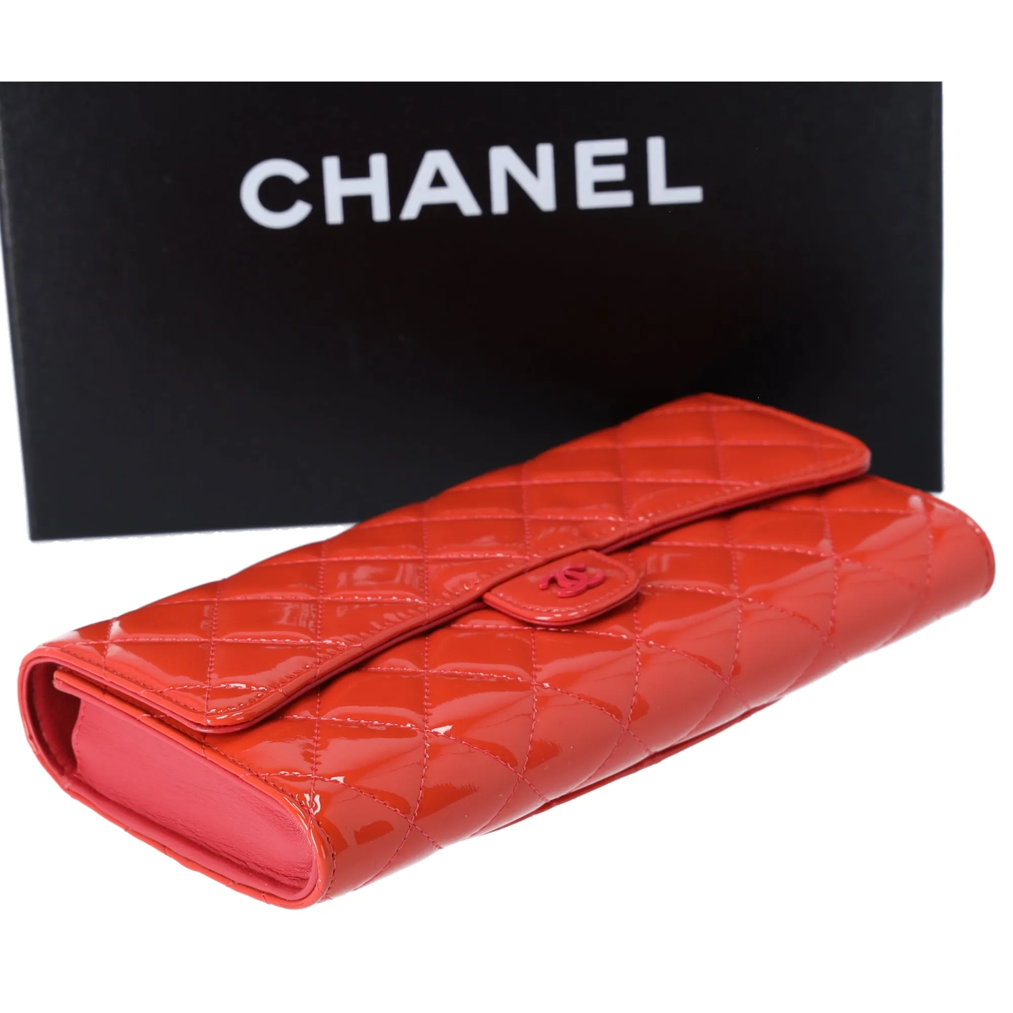 CHANEL 4 in 1 Wallet Orange Patent Leather Passport Holder Coin Card Pouch