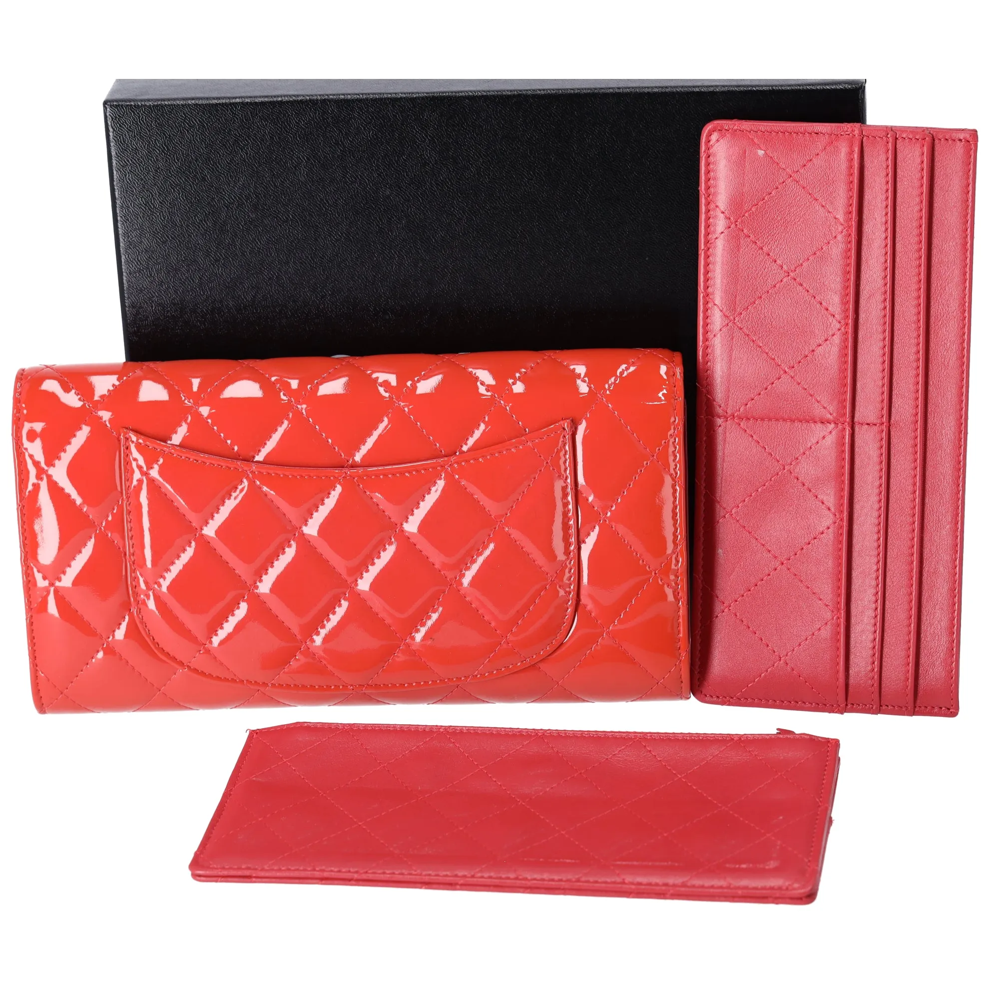 CHANEL 4 in 1 Wallet Orange Patent Leather Passport Holder Coin Card Pouch