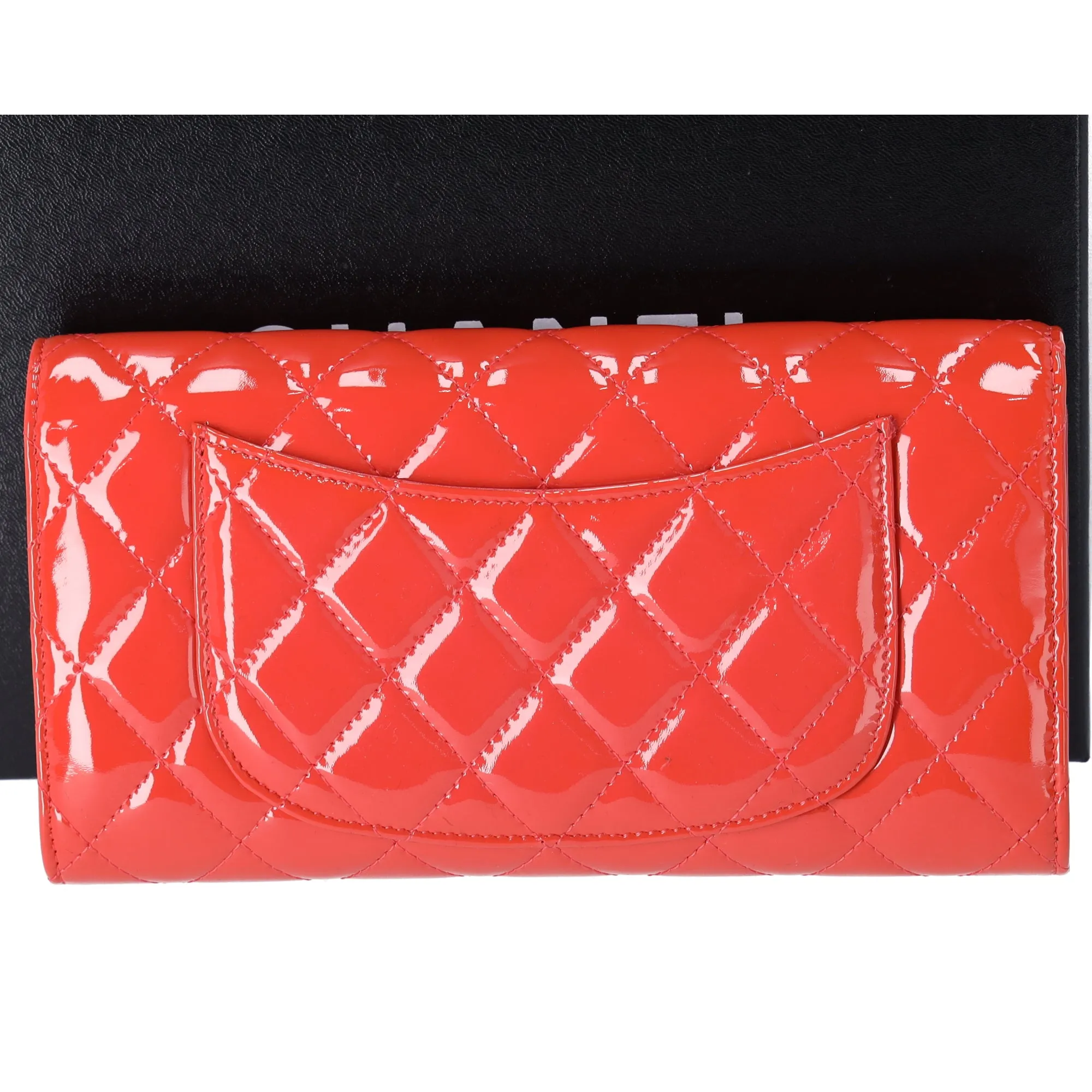 CHANEL 4 in 1 Wallet Orange Patent Leather Passport Holder Coin Card Pouch