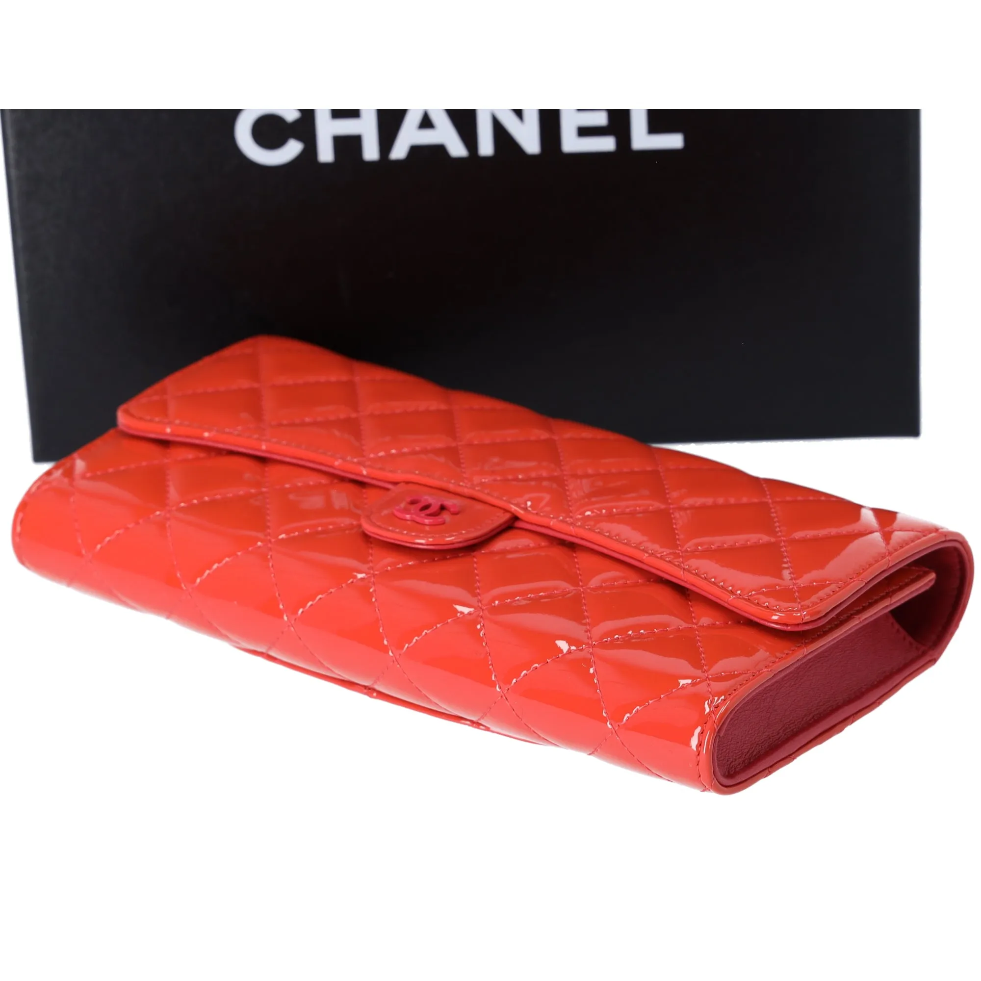CHANEL 4 in 1 Wallet Orange Patent Leather Passport Holder Coin Card Pouch
