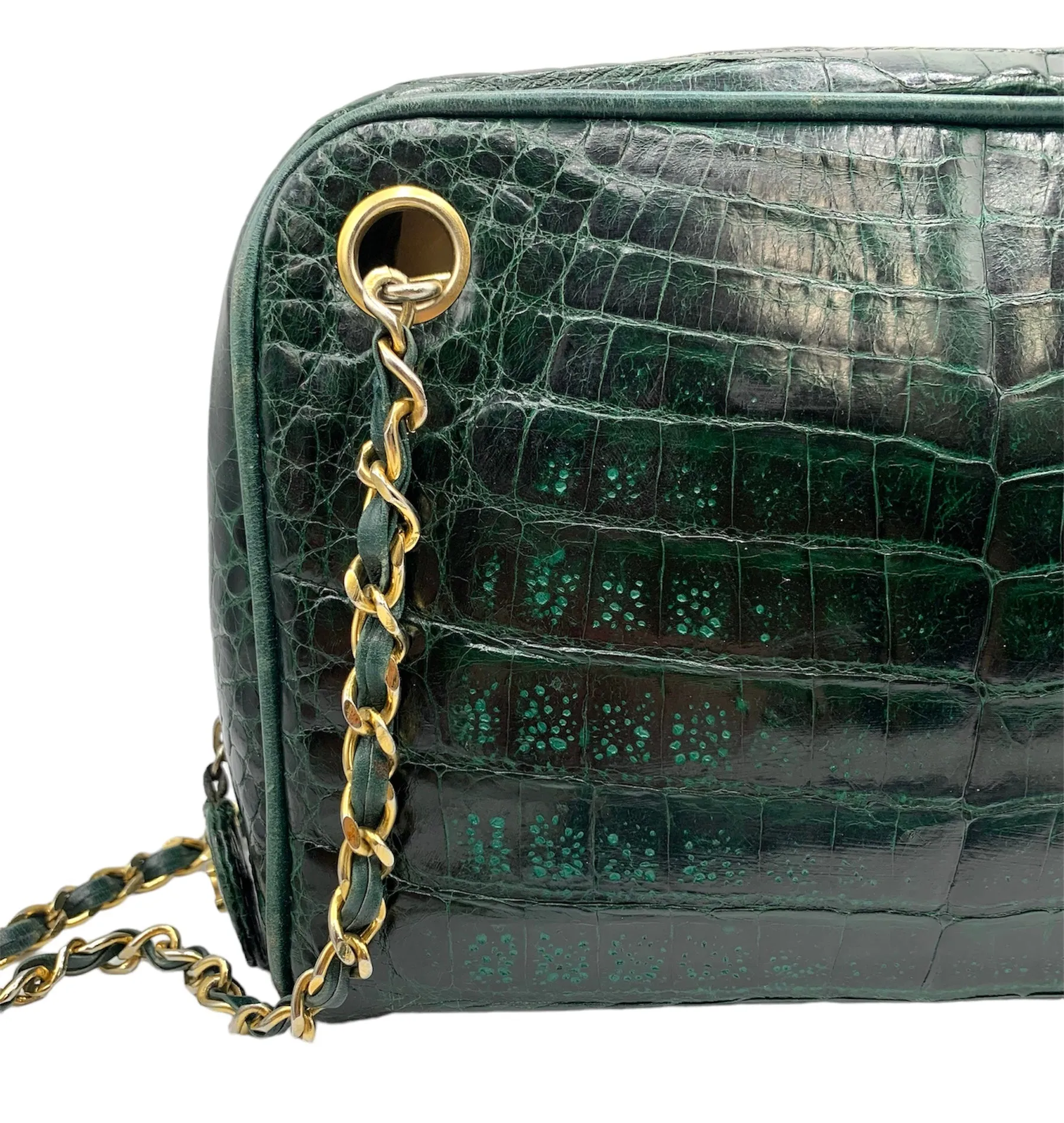 CHANEL Authenticated 80s Green Crocodile Camera Shoulder Bag
