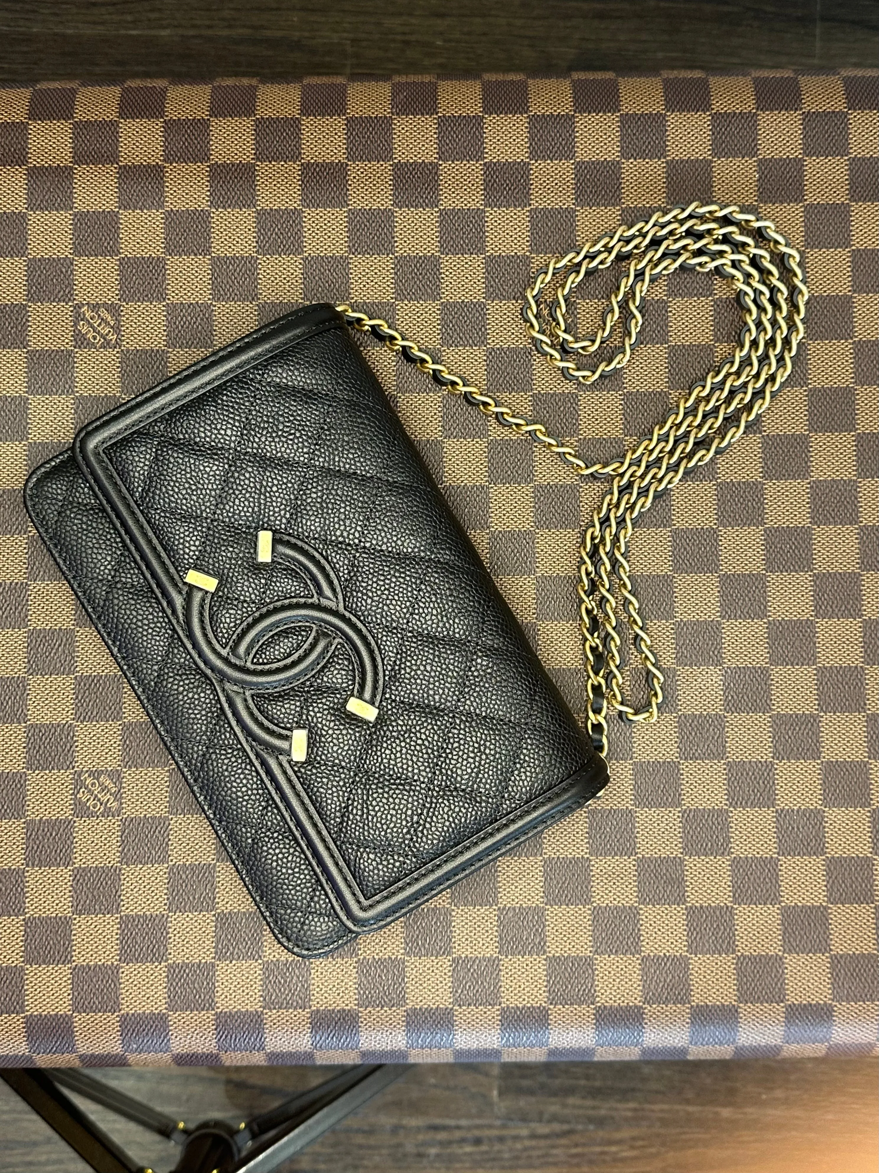 Chanel Black Caviar Quilted Wallet on a Chain with Matte Gold Hardware