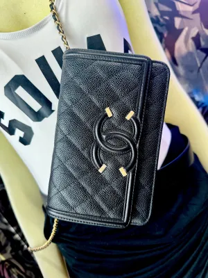 Chanel Black Caviar Quilted Wallet on a Chain with Matte Gold Hardware
