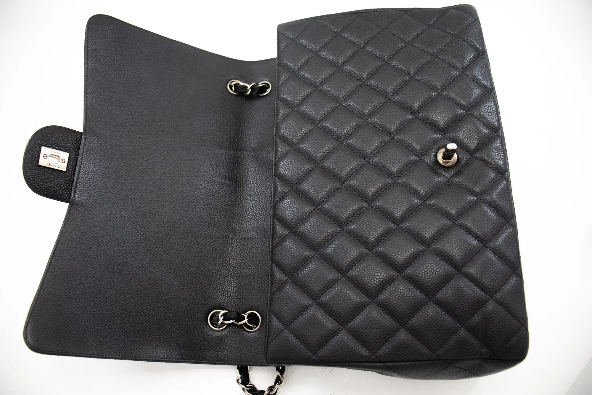 CHANEL Caviar Grained Calfskin Flap Chain Shoulder Bag Black 13" i90