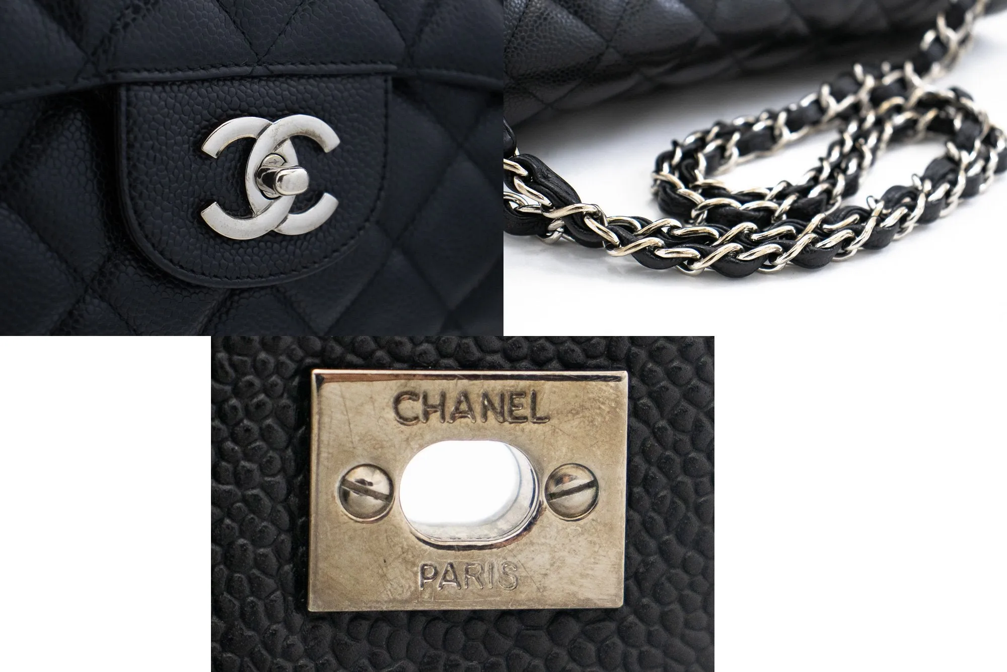 CHANEL Caviar Grained Calfskin Flap Chain Shoulder Bag Black 13" i90