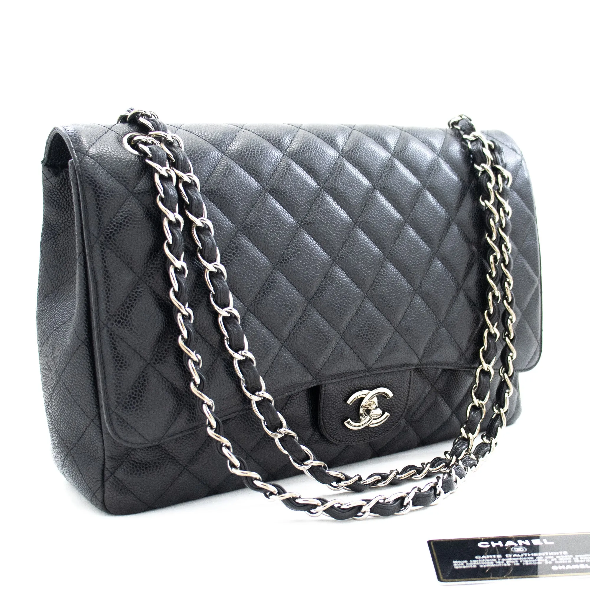 CHANEL Caviar Grained Calfskin Flap Chain Shoulder Bag Black 13" i90