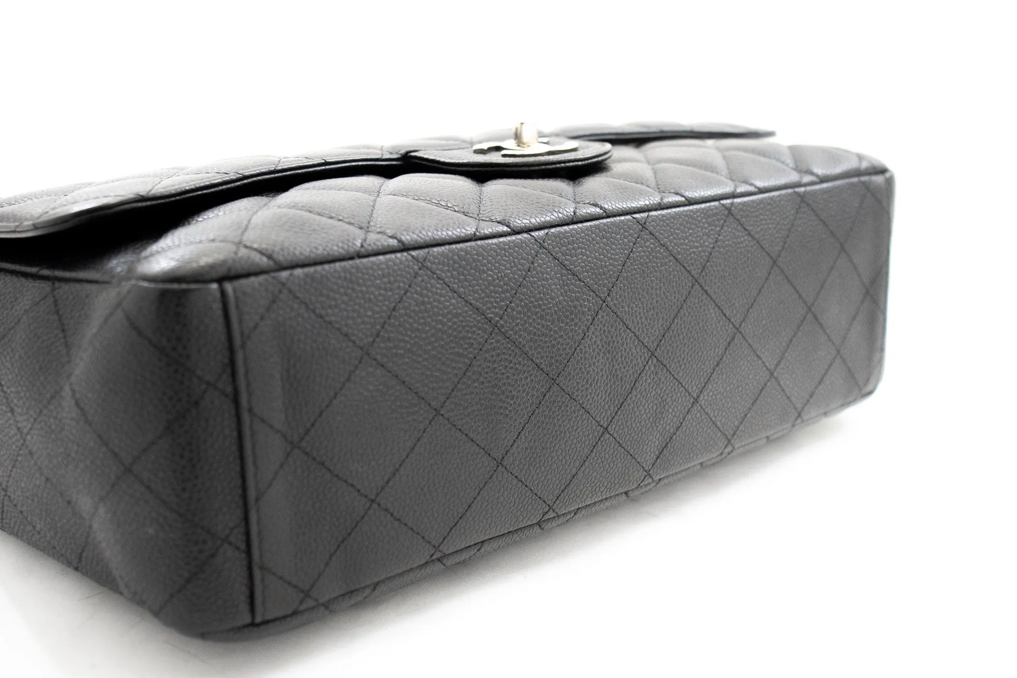 CHANEL Caviar Grained Calfskin Flap Chain Shoulder Bag Black 13" i90