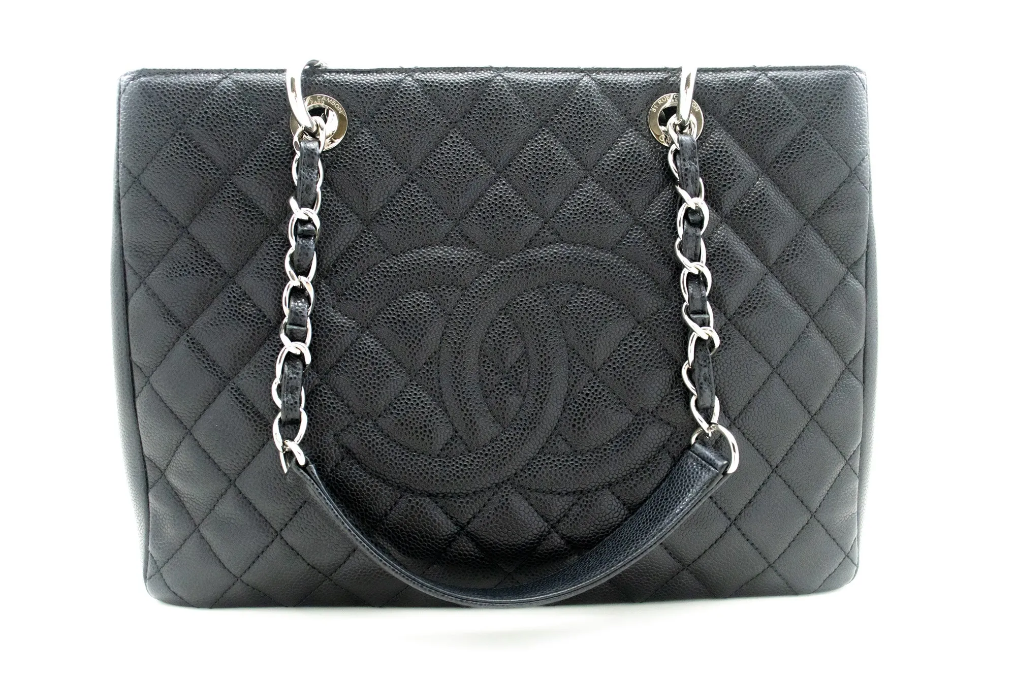 CHANEL Caviar GST 13" Grand Shopping Tote Chain Shoulder Bag Black i50