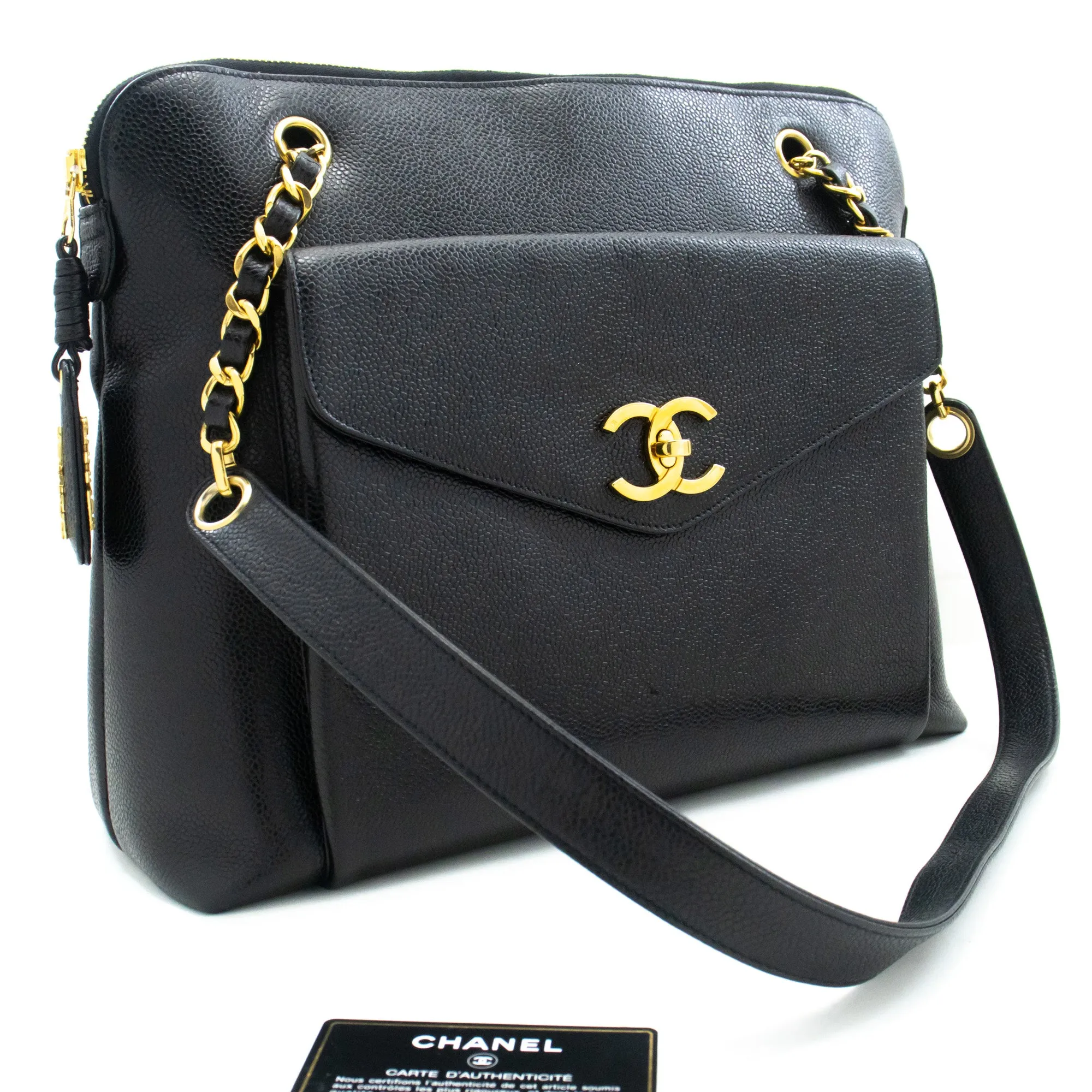 CHANEL Caviar Large Chain Shoulder Bag Black Leather Gold Zipper m21