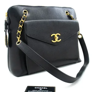 CHANEL Caviar Large Chain Shoulder Bag Black Leather Gold Zipper m21