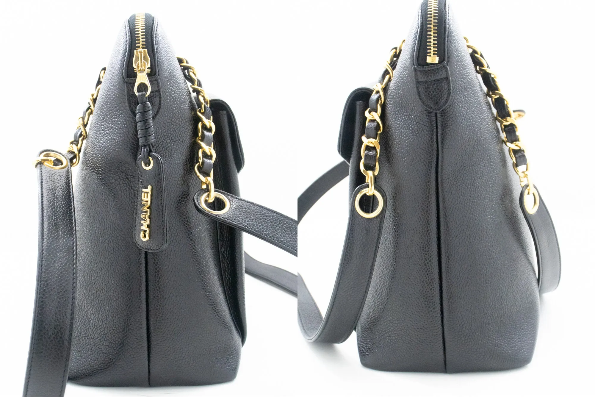 CHANEL Caviar Large Chain Shoulder Bag Black Leather Gold Zipper m21