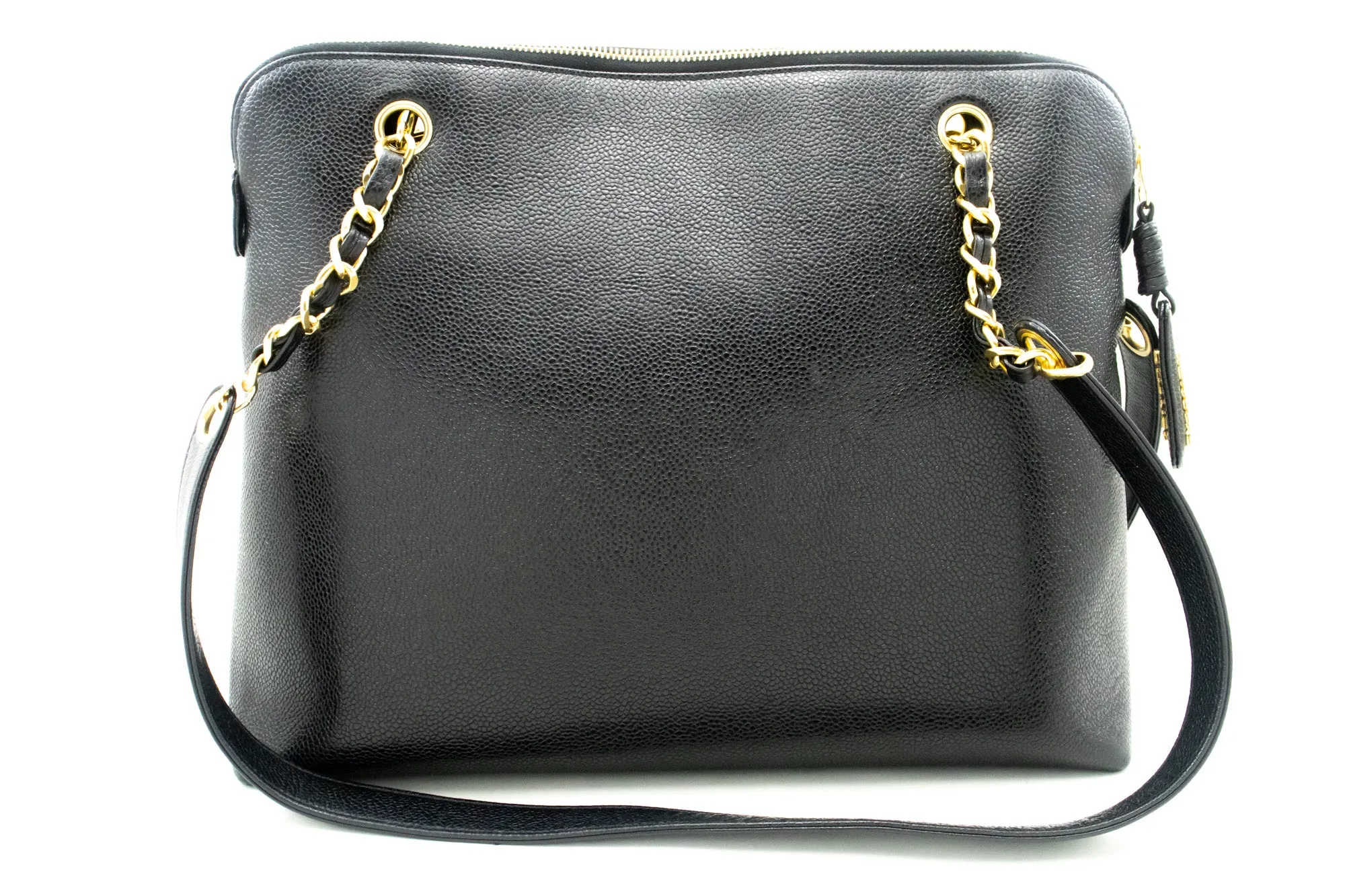 CHANEL Caviar Large Chain Shoulder Bag Black Leather Gold Zipper m21