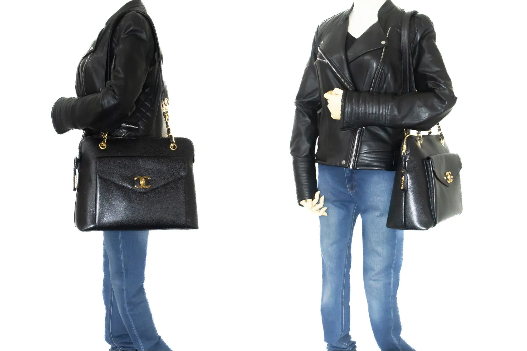 CHANEL Caviar Large Chain Shoulder Bag Black Leather Gold Zipper m21