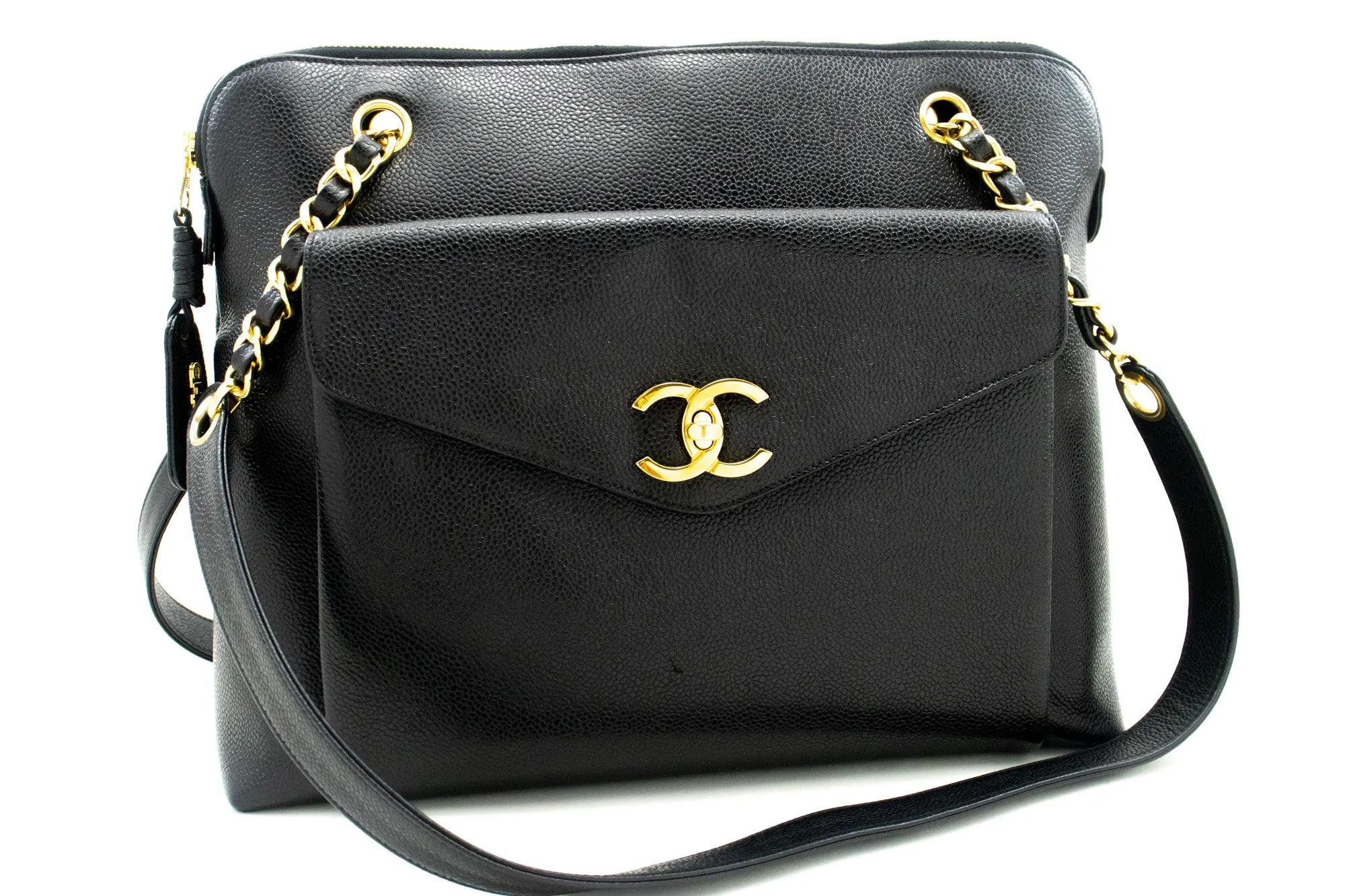 CHANEL Caviar Large Chain Shoulder Bag Black Leather Gold Zipper m21