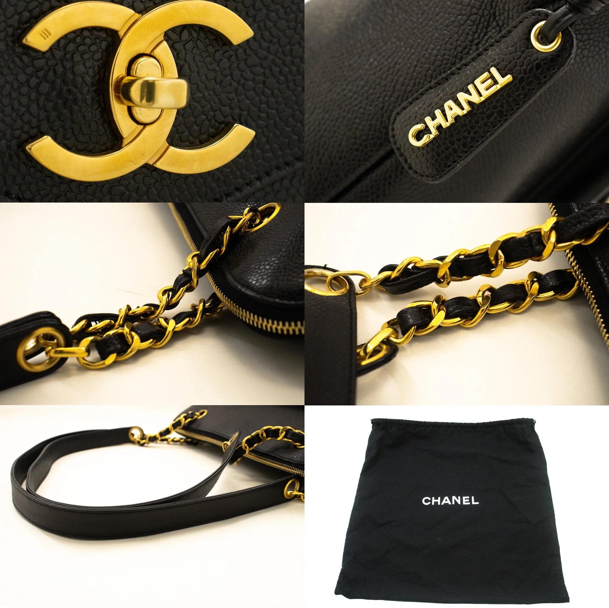 CHANEL Caviar Large Chain Shoulder Bag Black Leather Gold Zipper m21