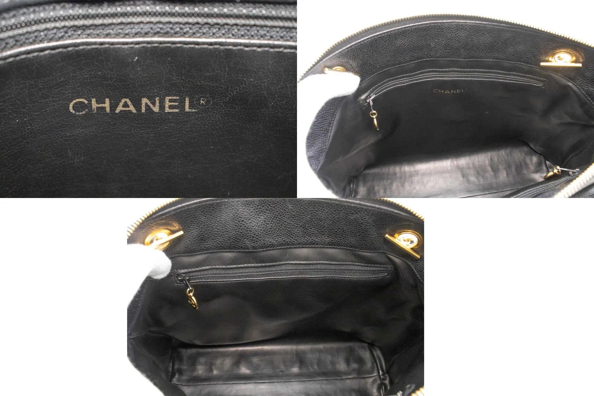 CHANEL Caviar Large Chain Shoulder Bag Black Leather Gold Zipper m53