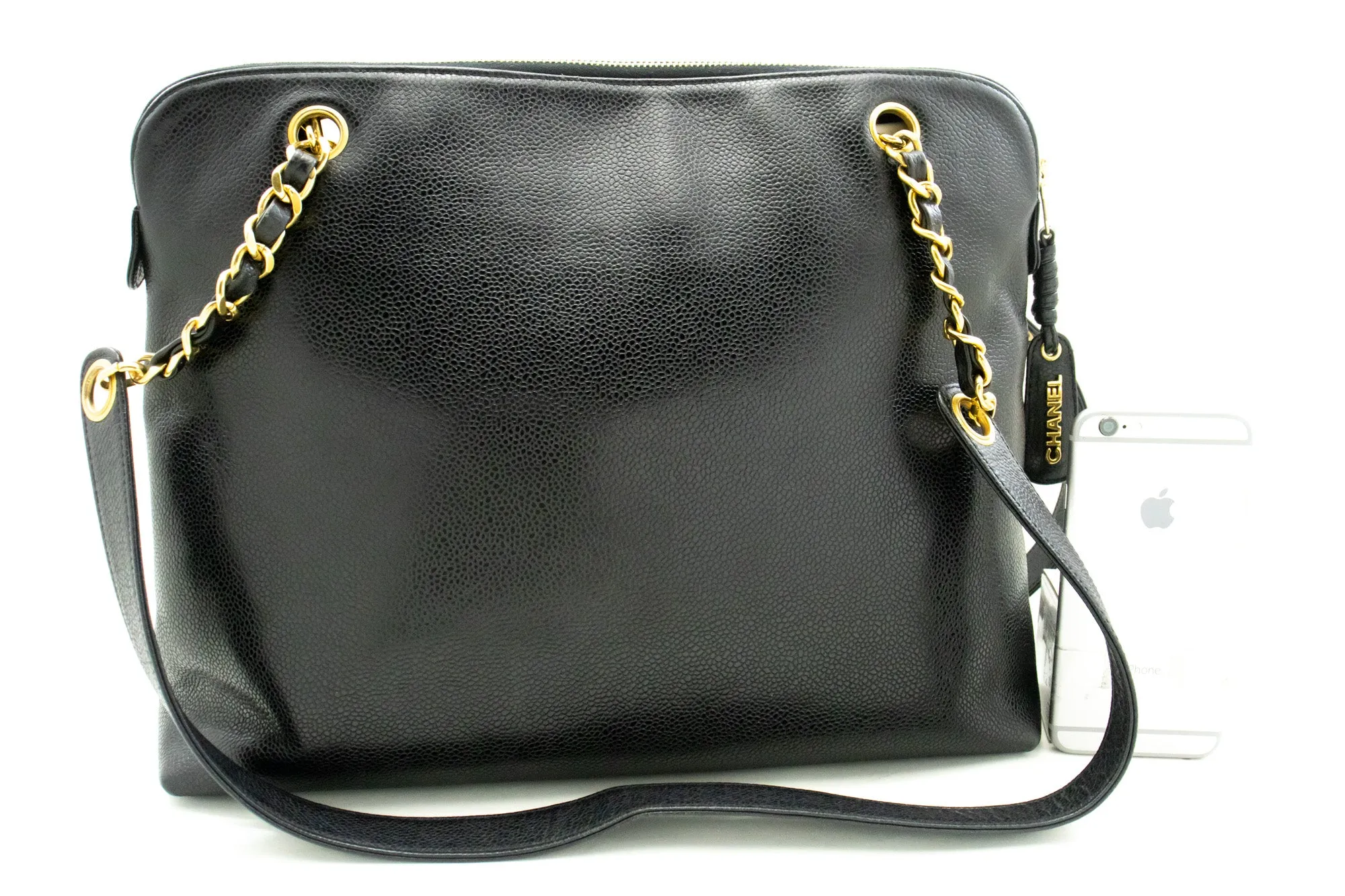 CHANEL Caviar Large Chain Shoulder Bag Black Leather Gold Zipper m53