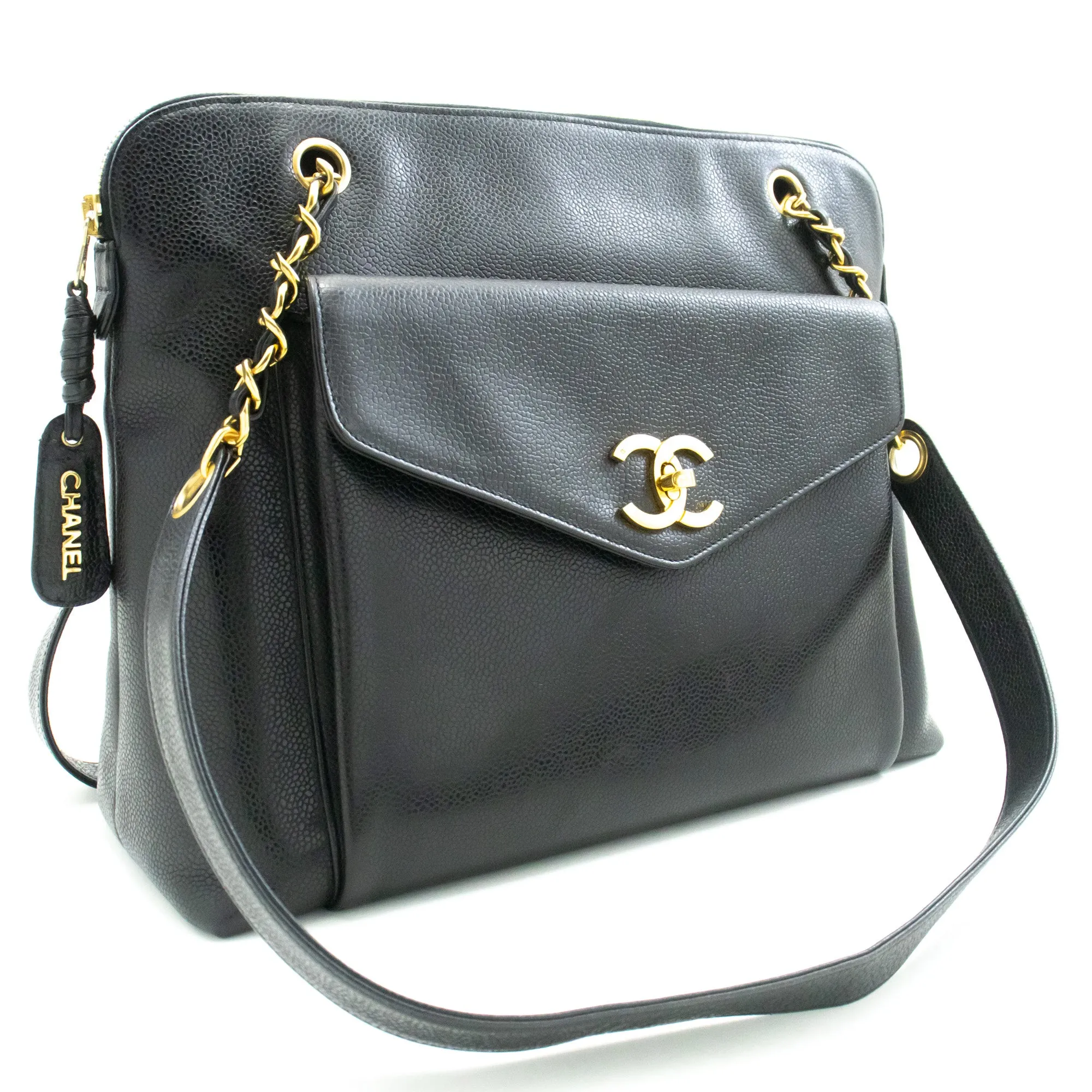 CHANEL Caviar Large Chain Shoulder Bag Black Leather Gold Zipper m53