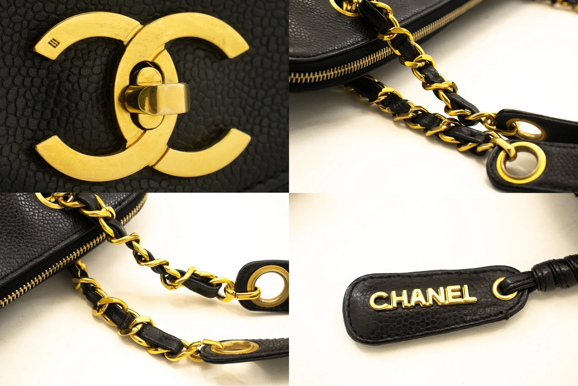 CHANEL Caviar Large Chain Shoulder Bag Black Leather Gold Zipper m53