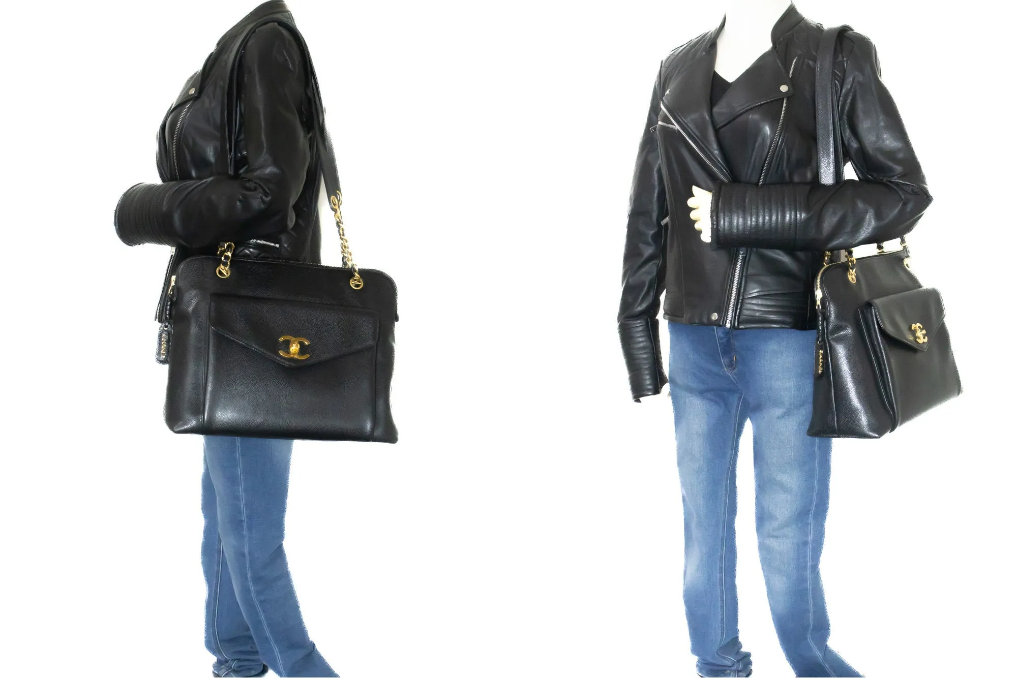 CHANEL Caviar Large Chain Shoulder Bag Black Leather Gold Zipper m53