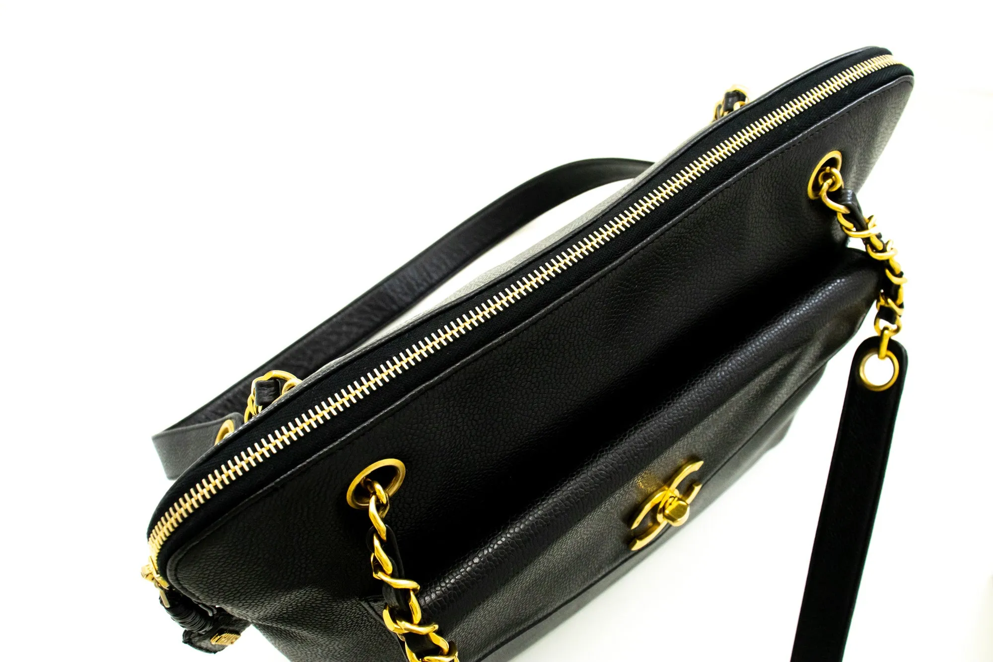 CHANEL Caviar Large Chain Shoulder Bag Black Leather Gold Zipper m53