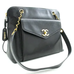 CHANEL Caviar Large Chain Shoulder Bag Black Leather Gold Zipper m53