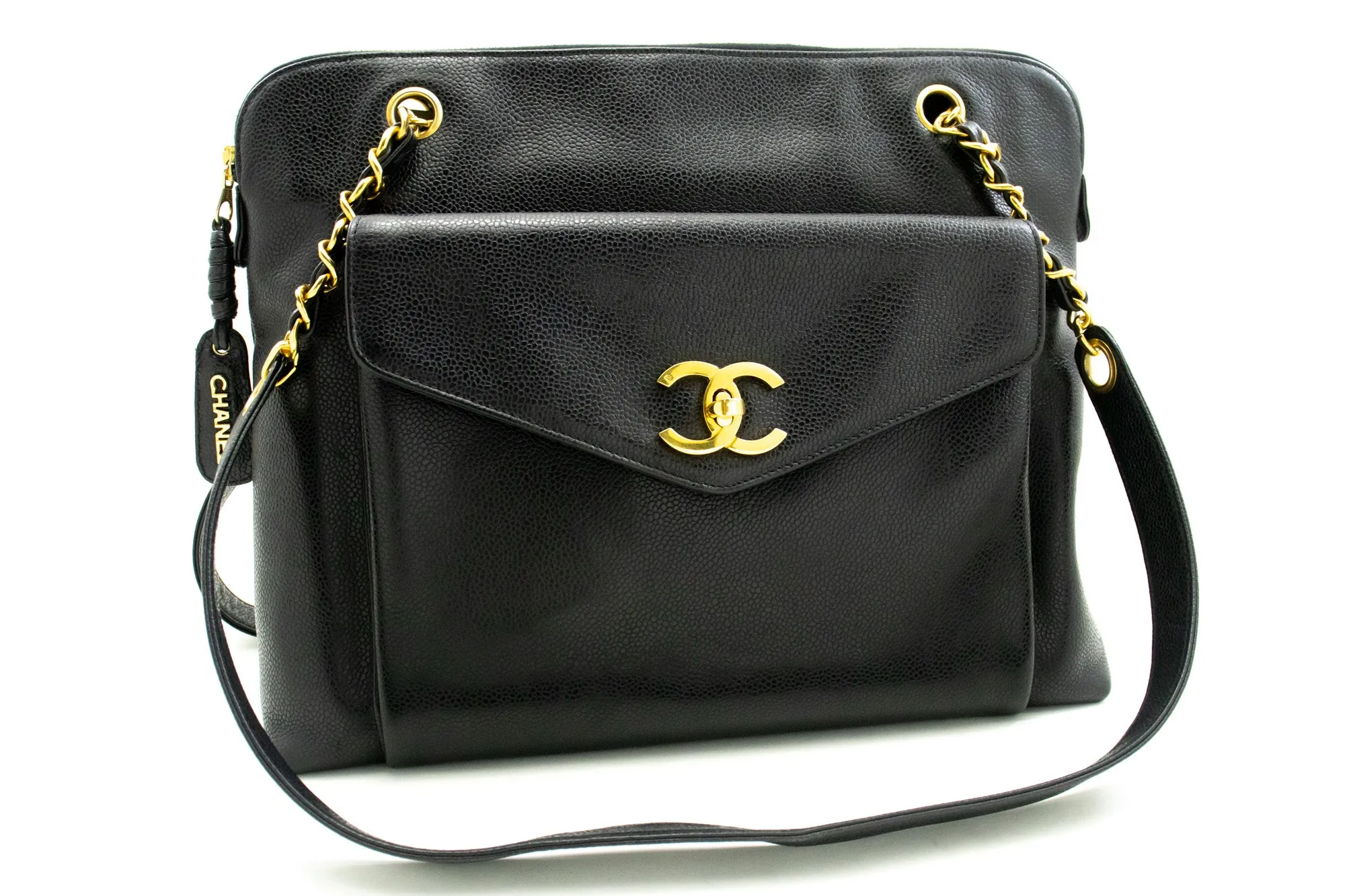 CHANEL Caviar Large Chain Shoulder Bag Black Leather Gold Zipper m53
