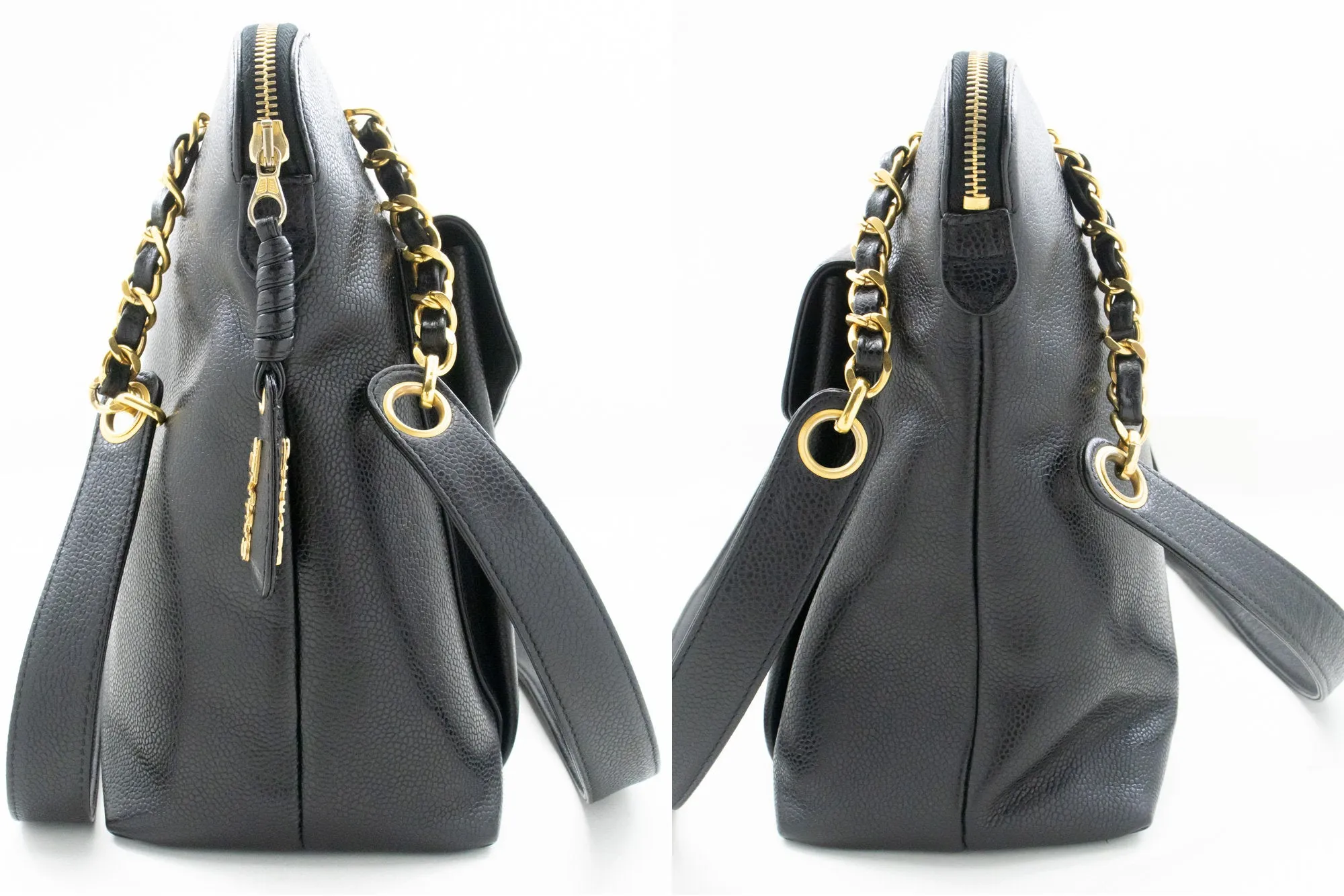 CHANEL Caviar Large Chain Shoulder Bag Black Leather Gold Zipper m53