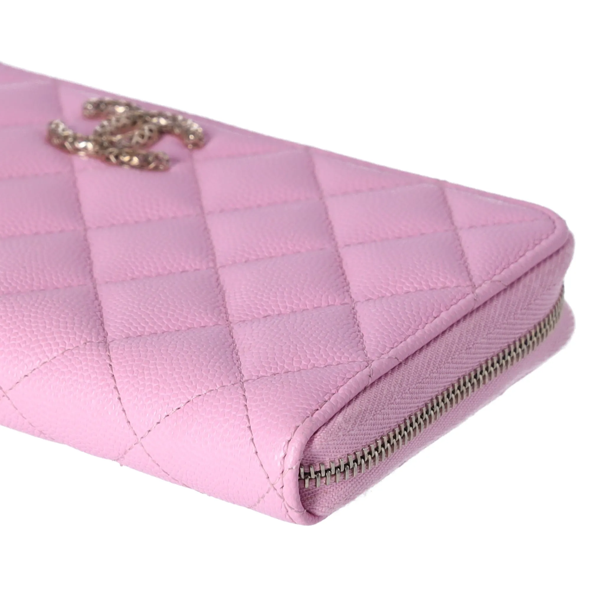 CHANEL Caviar Quilted Perforated CC Long Zipped Wallet Pink