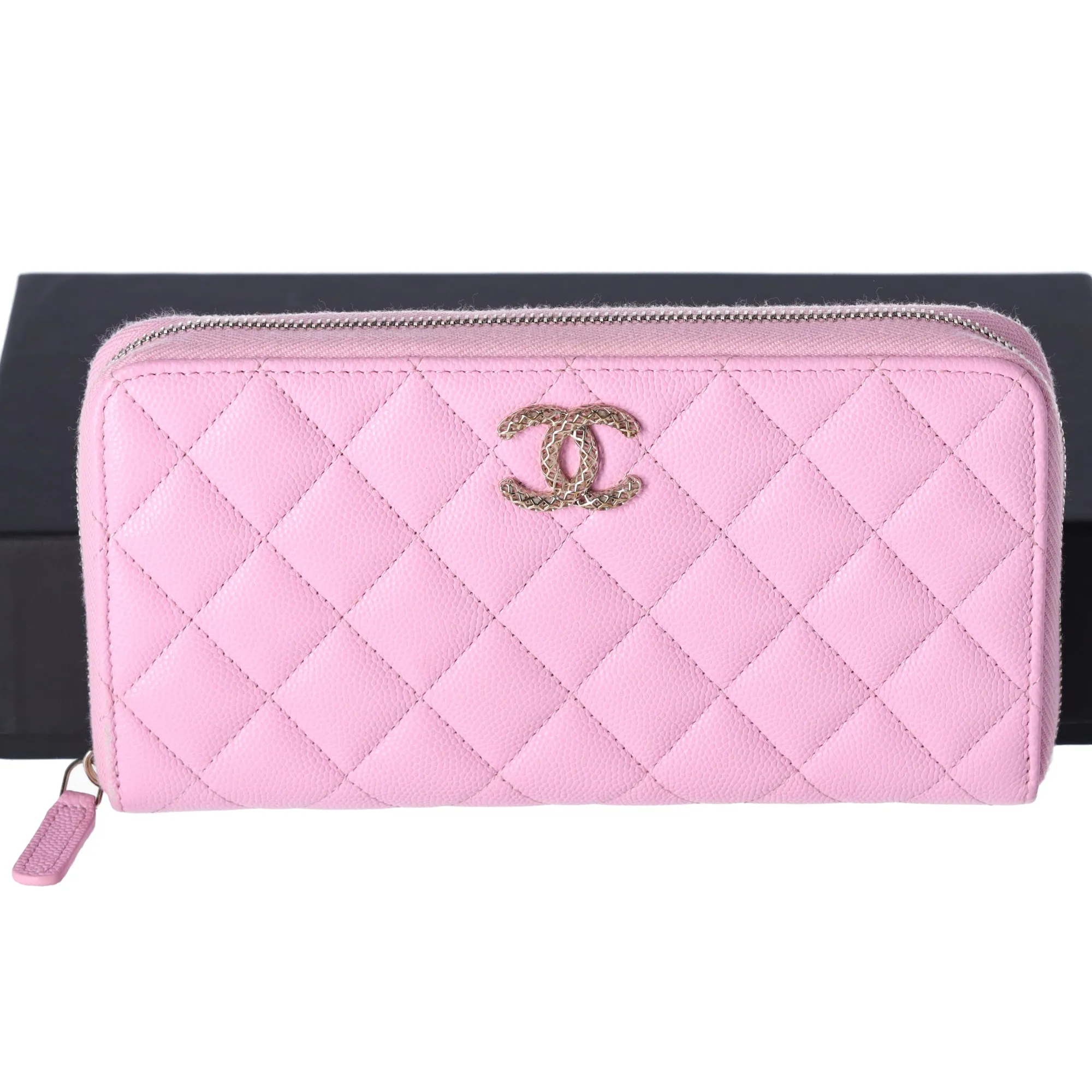 CHANEL Caviar Quilted Perforated CC Long Zipped Wallet Pink