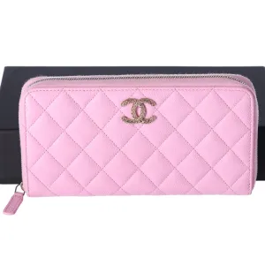 CHANEL Caviar Quilted Perforated CC Long Zipped Wallet Pink