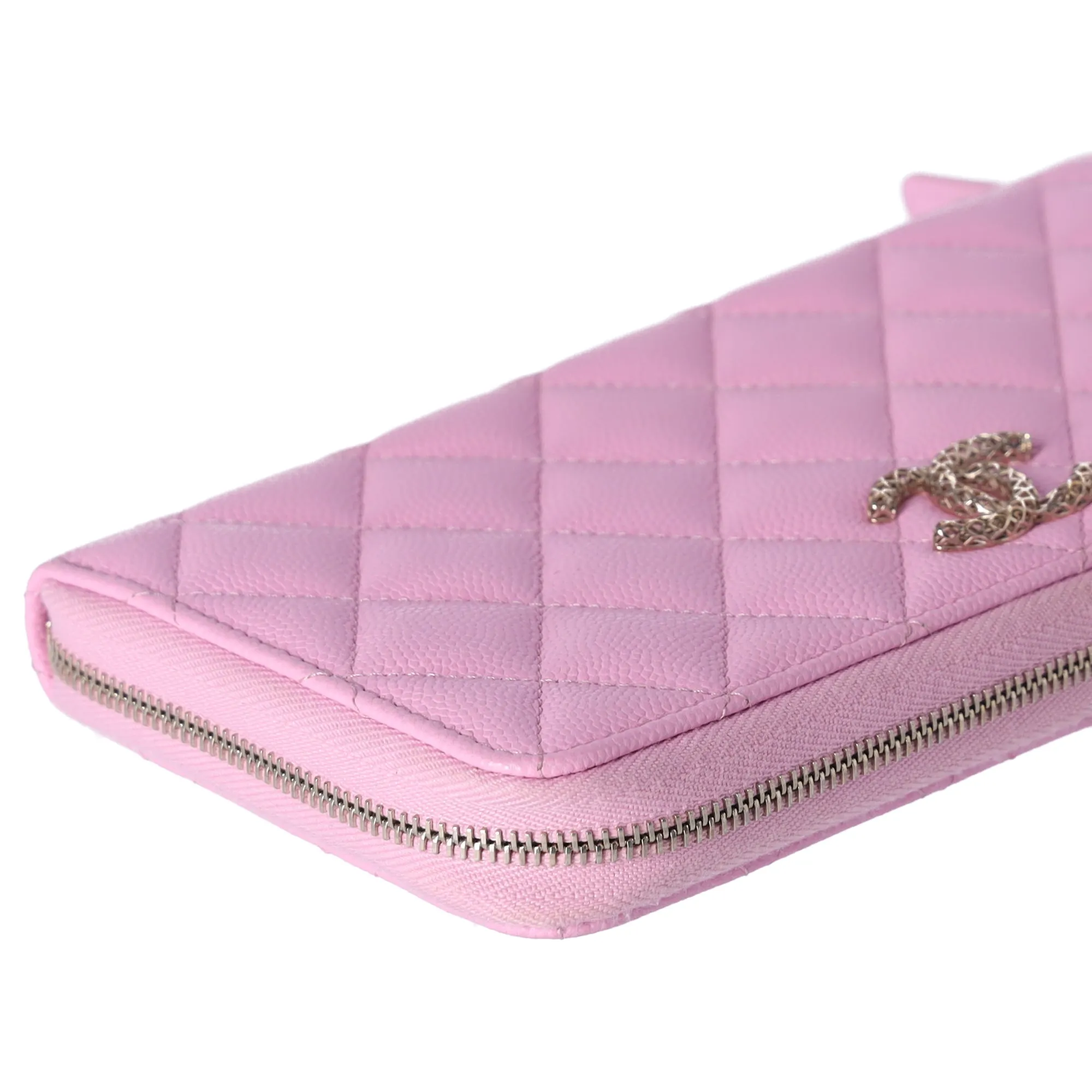 CHANEL Caviar Quilted Perforated CC Long Zipped Wallet Pink