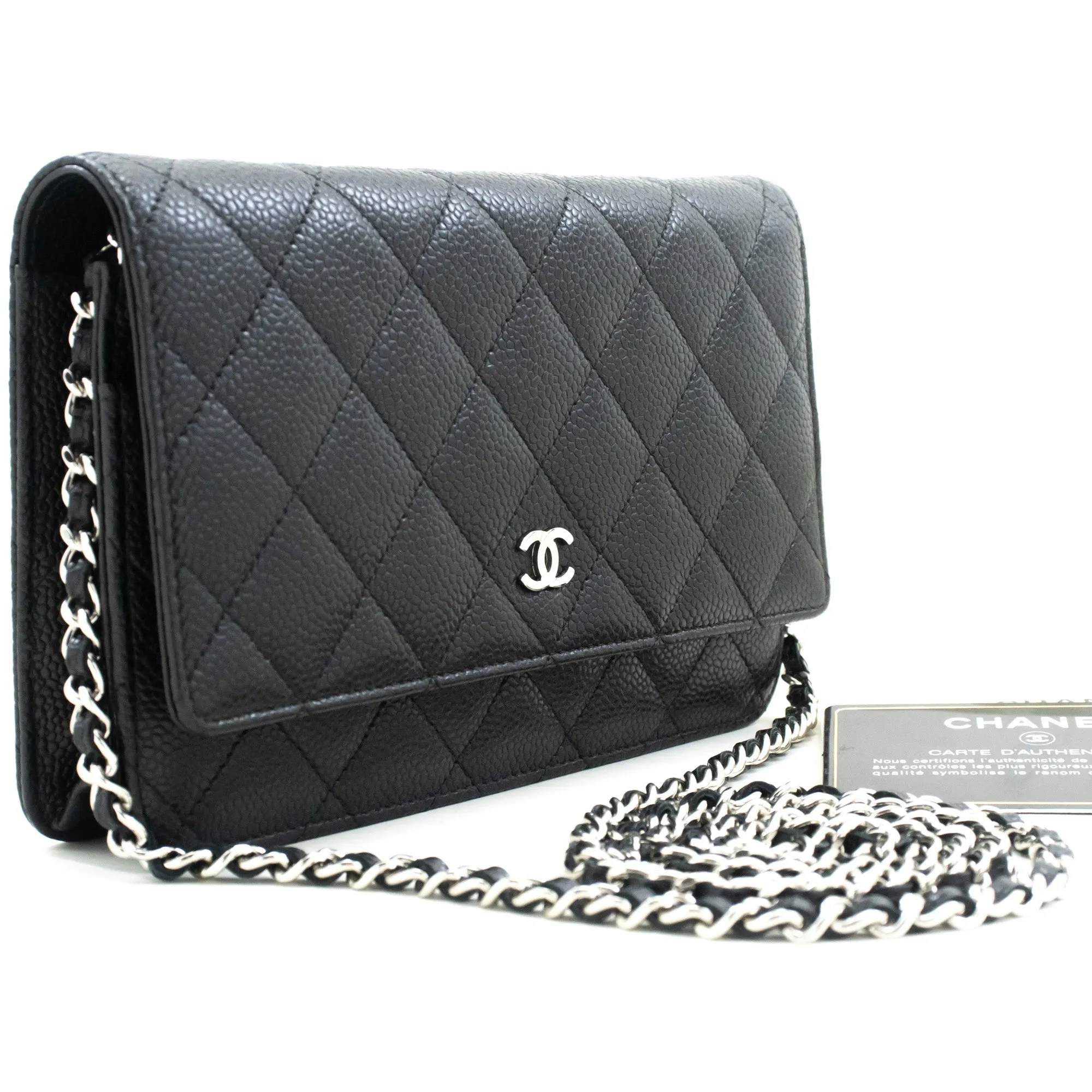 CHANEL Caviar Wallet On Chain WOC Black Shoulder Bag Crossbody SV n87