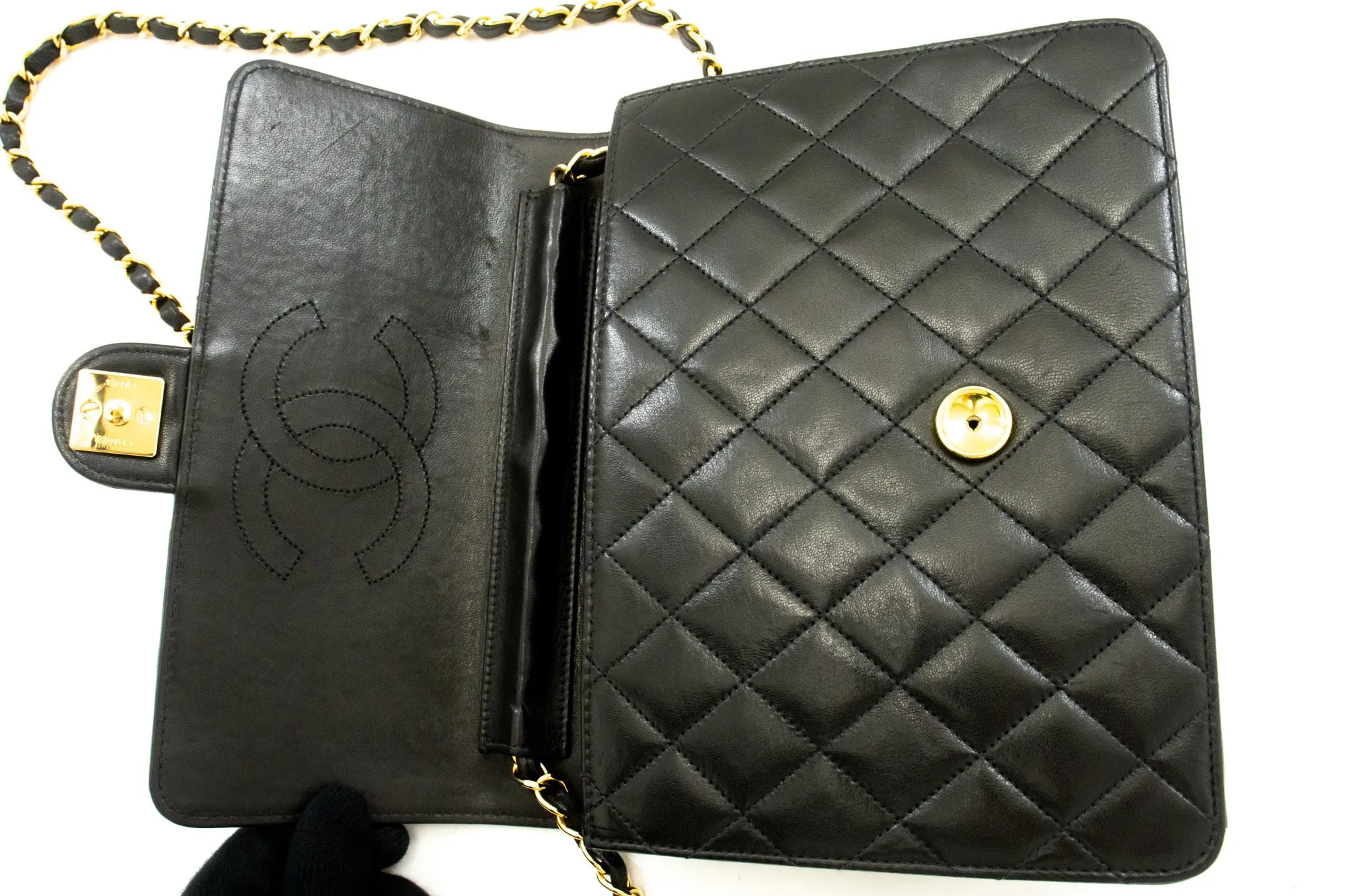 CHANEL Chain Shoulder Bag Clutch Black Quilted Flap Lambskin Purse n50