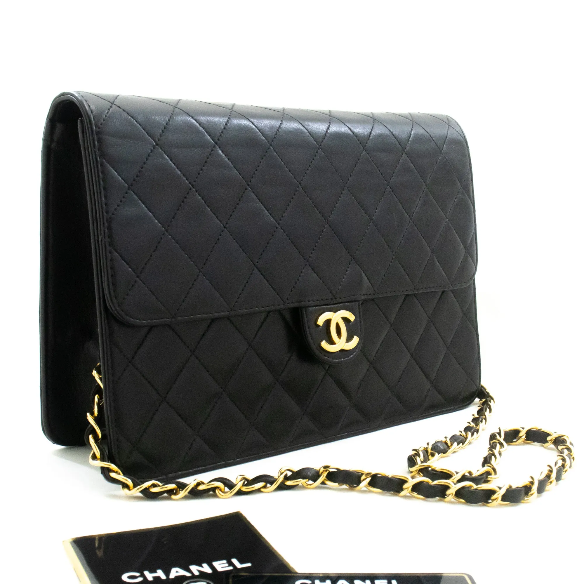 CHANEL Chain Shoulder Bag Clutch Black Quilted Flap Lambskin Purse n62