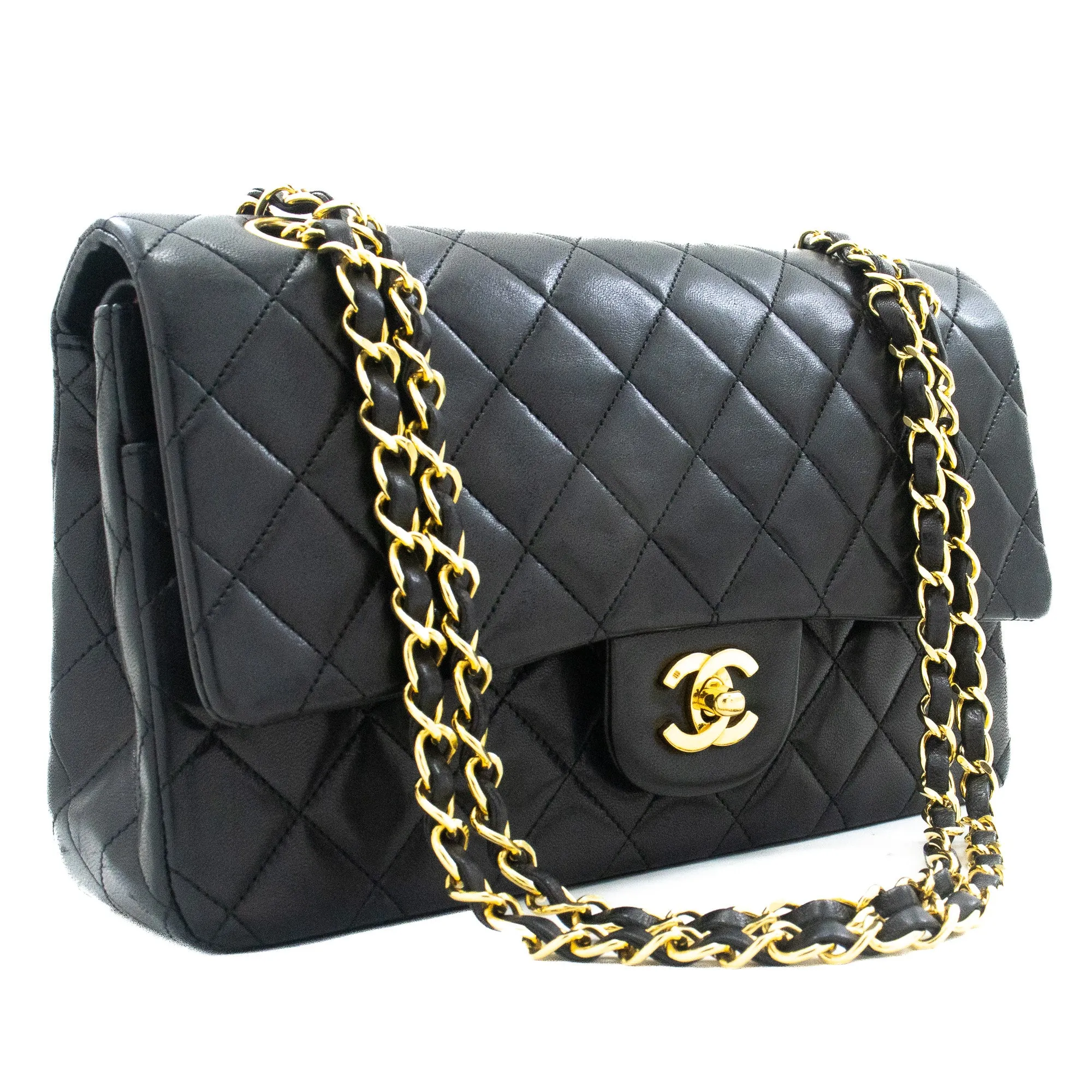 CHANEL Classic Double Flap 10" Chain Shoulder Bag Black Lambskin j92