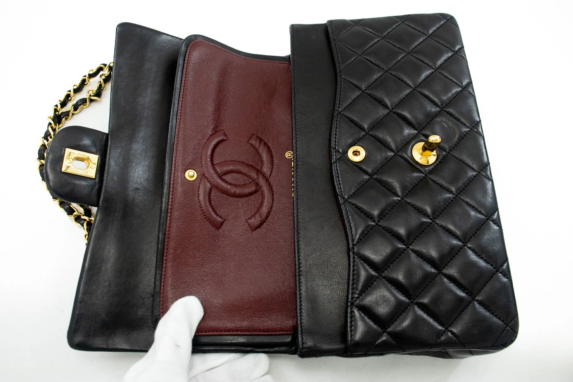 CHANEL Classic Double Flap 10" Chain Shoulder Bag Black Lambskin j92