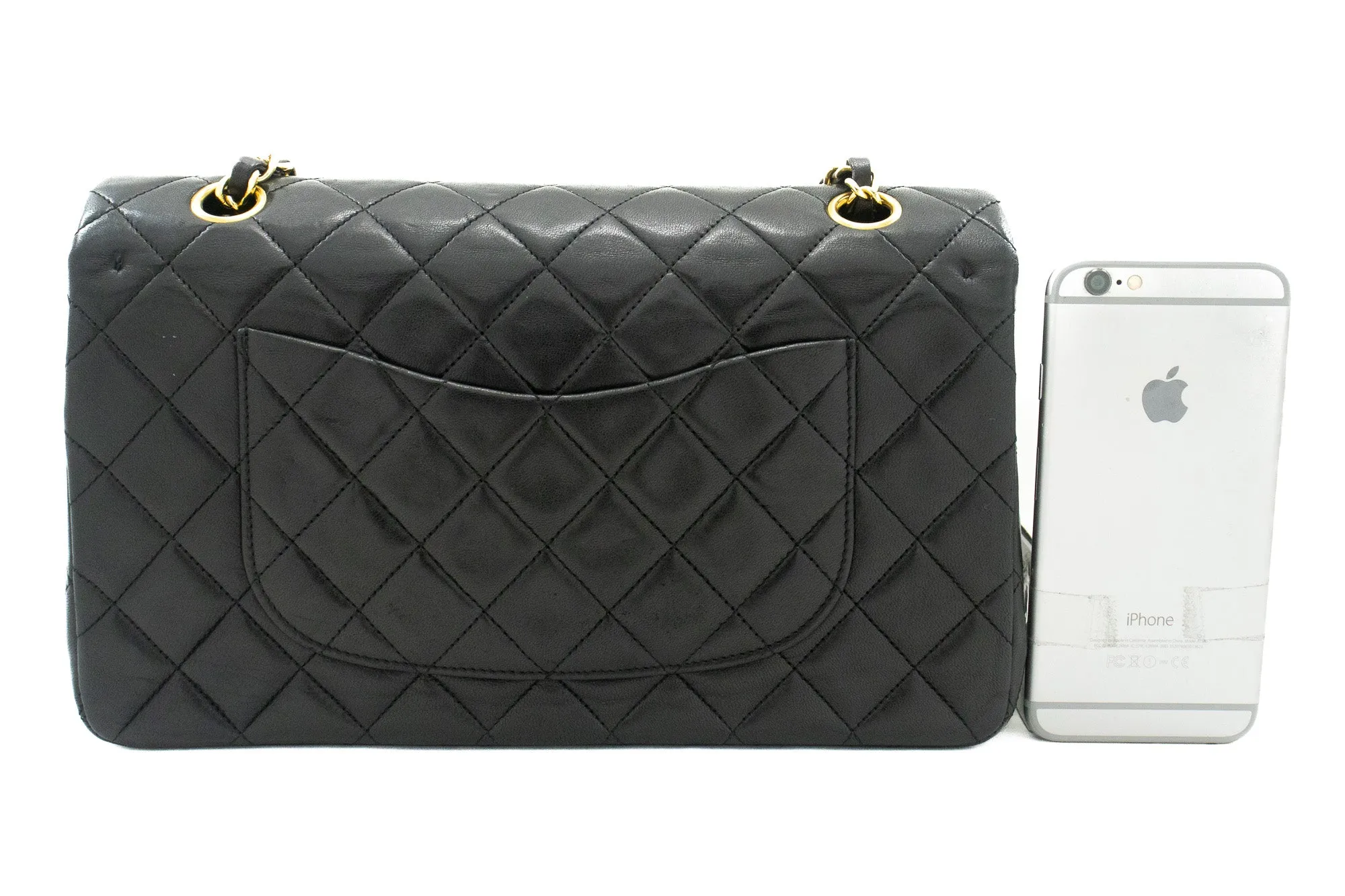 CHANEL Classic Double Flap 10" Chain Shoulder Bag Black Lambskin j92