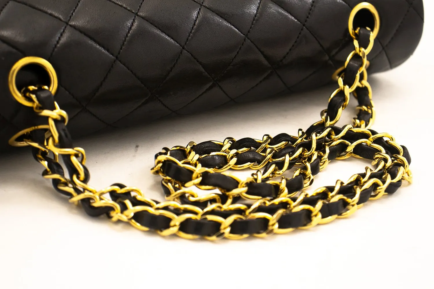 CHANEL Classic Double Flap 10" Chain Shoulder Bag Black Lambskin j92