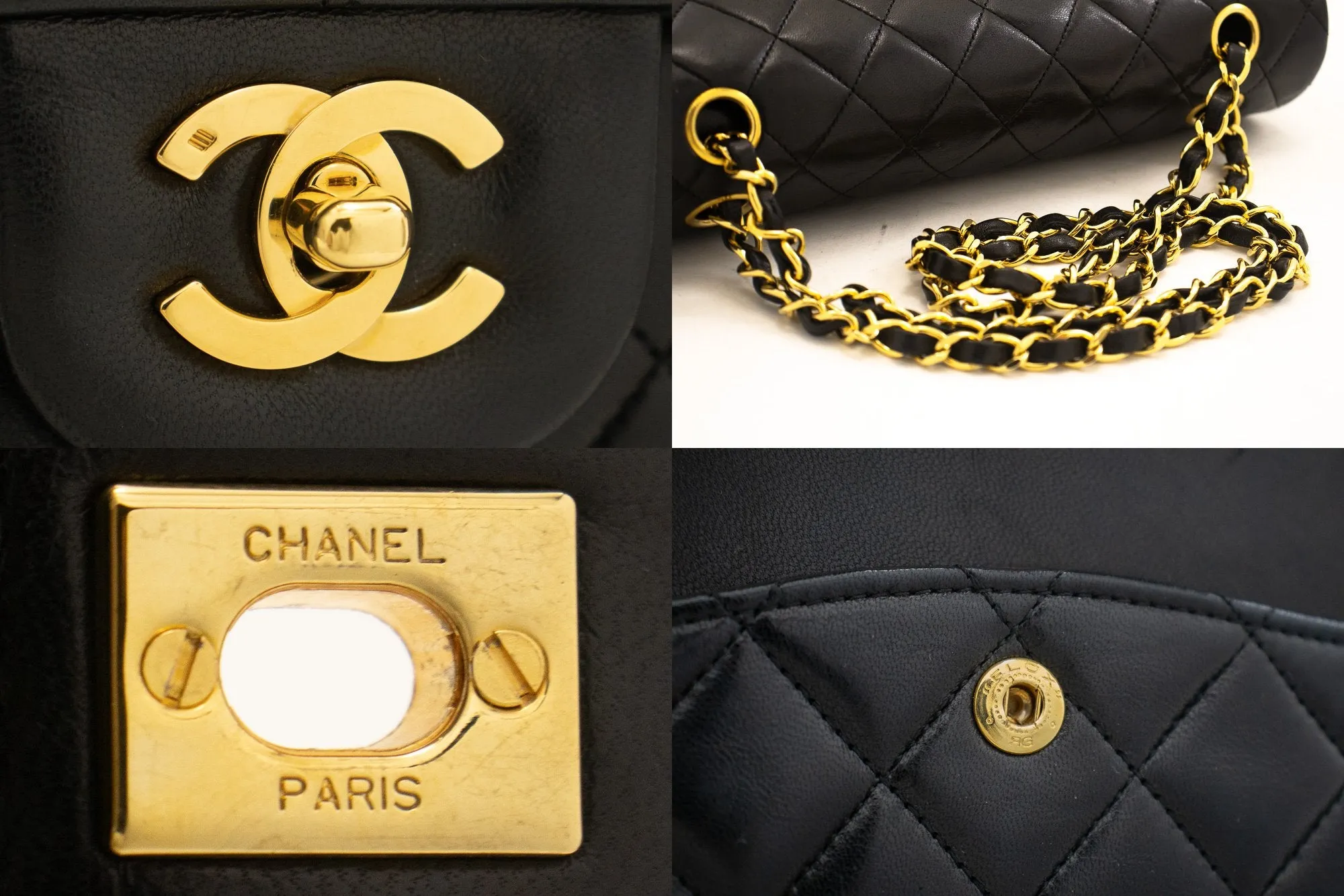 CHANEL Classic Double Flap 10" Chain Shoulder Bag Black Lambskin j92