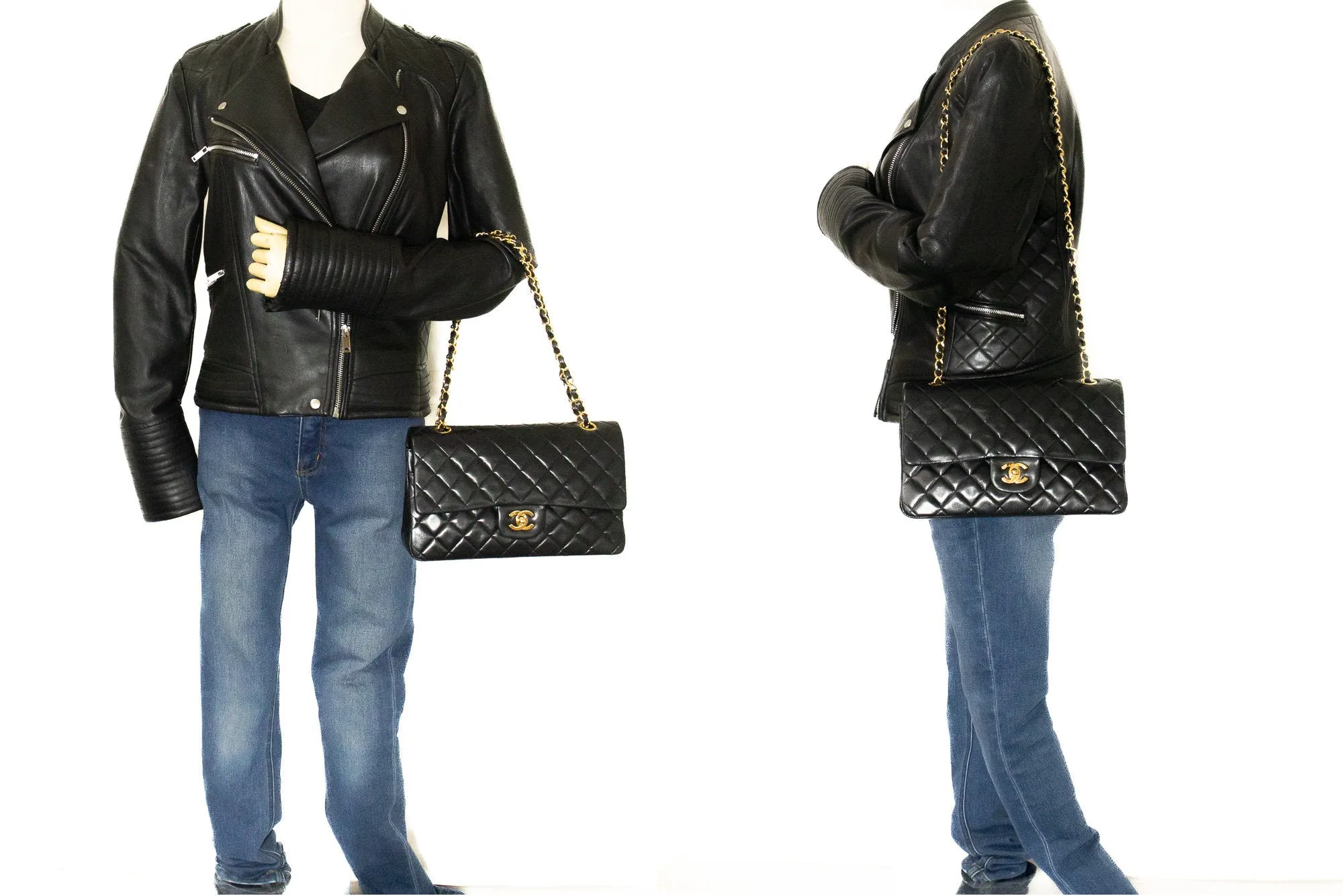 CHANEL Classic Double Flap 10" Chain Shoulder Bag Black Lambskin j92