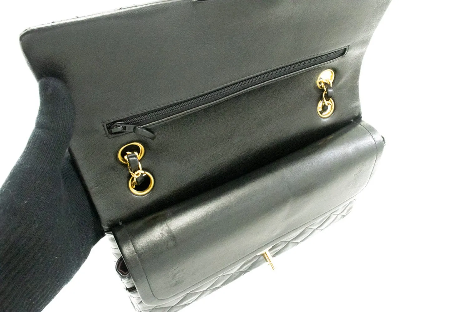 CHANEL Classic Double Flap 10" Chain Shoulder Bag Black Lambskin k39