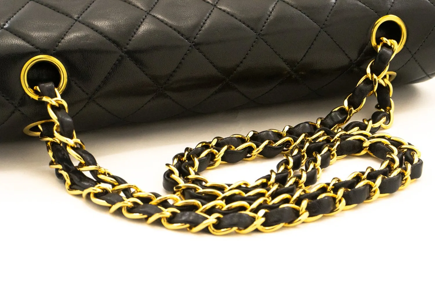 CHANEL Classic Double Flap 10" Chain Shoulder Bag Black Lambskin k39