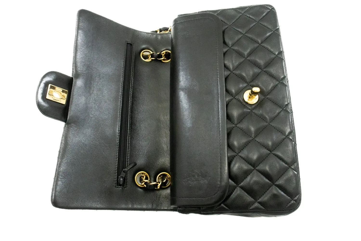 CHANEL Classic Double Flap 10" Chain Shoulder Bag Black Lambskin k39