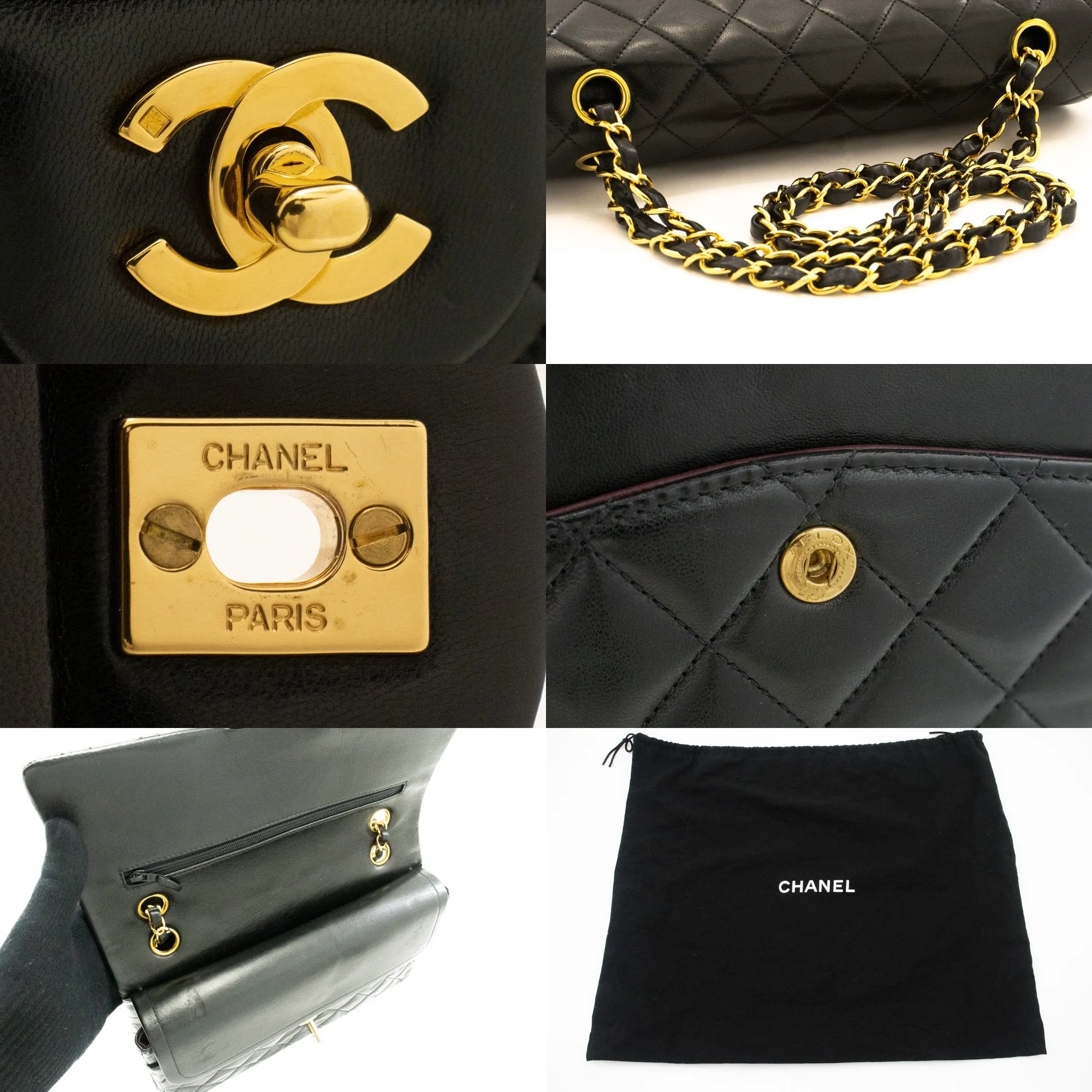 CHANEL Classic Double Flap 10" Chain Shoulder Bag Black Lambskin k39