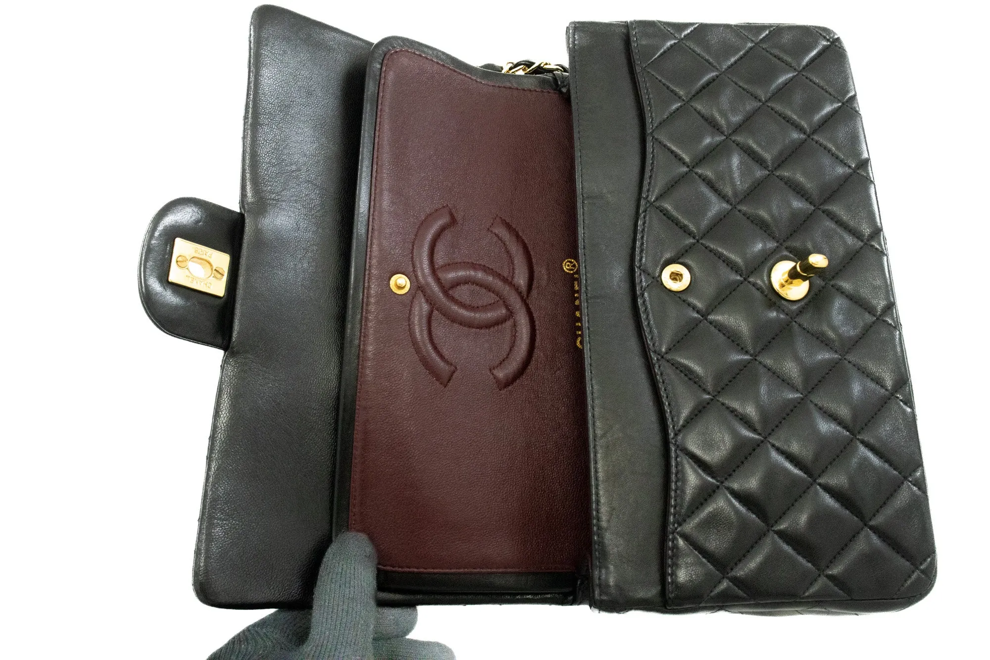 CHANEL Classic Double Flap 10" Chain Shoulder Bag Black Lambskin k39