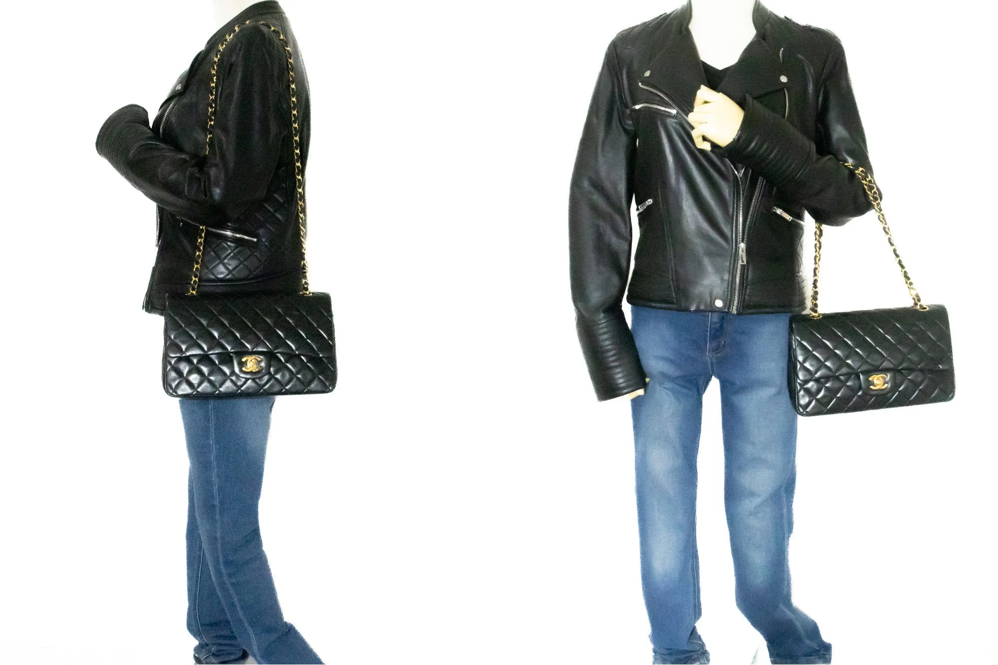 CHANEL Classic Double Flap 10" Chain Shoulder Bag Black Lambskin k39