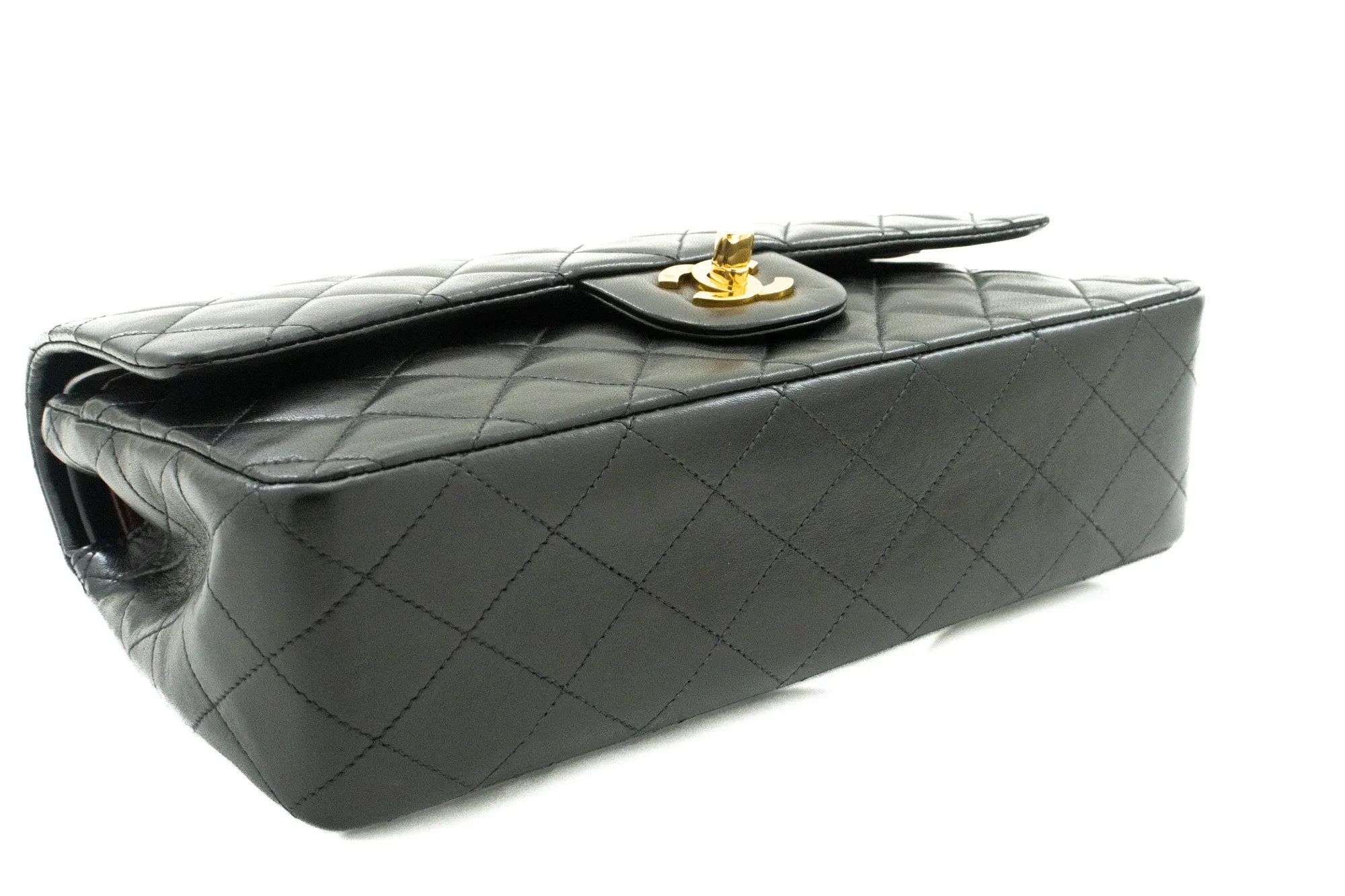CHANEL Classic Double Flap 10" Chain Shoulder Bag Black Lambskin k39