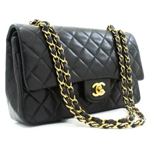 CHANEL Classic Double Flap 10" Chain Shoulder Bag Black Lambskin k39