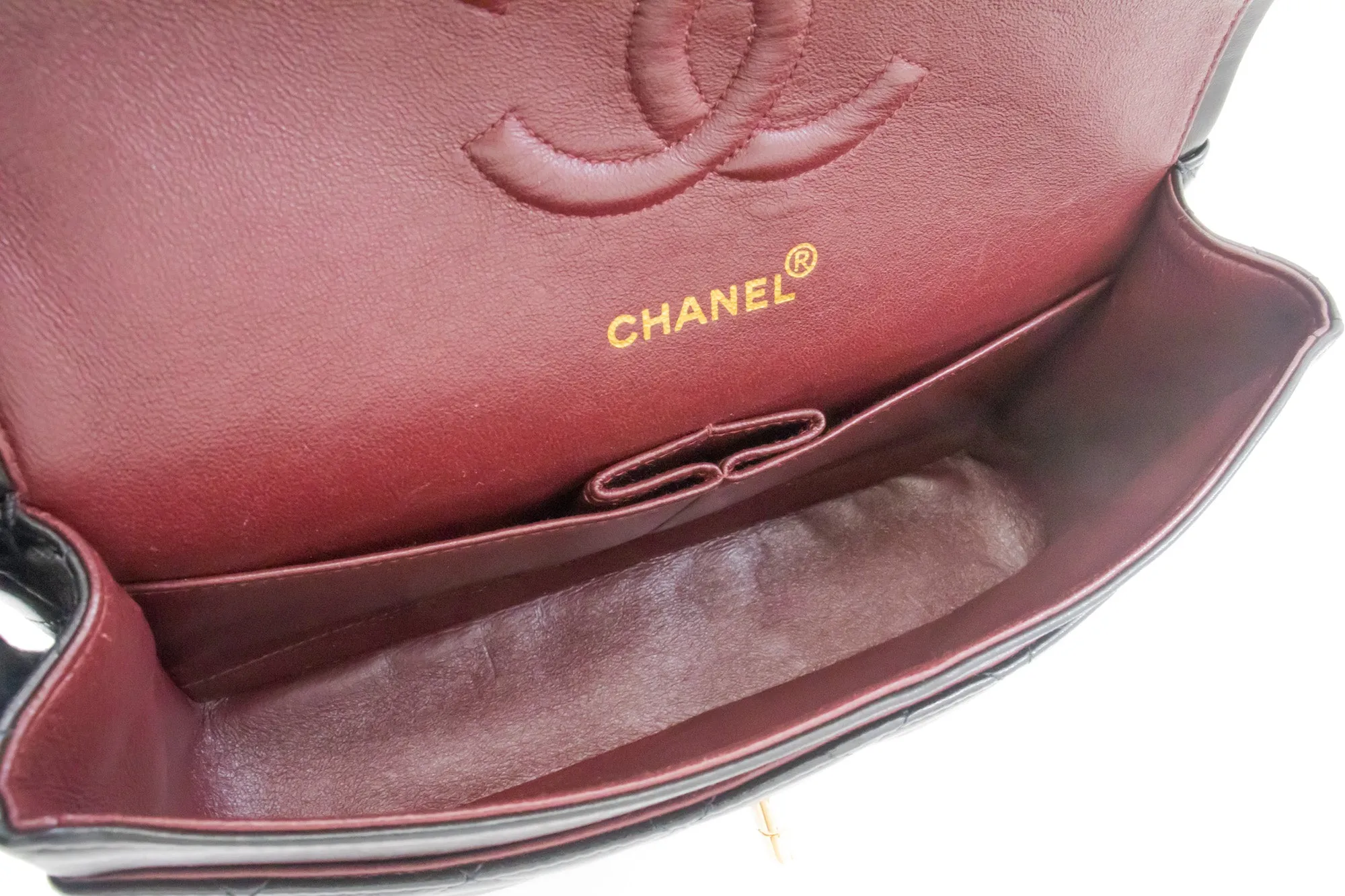 CHANEL Classic Double Flap 10" Chain Shoulder Bag Black Lambskin k39